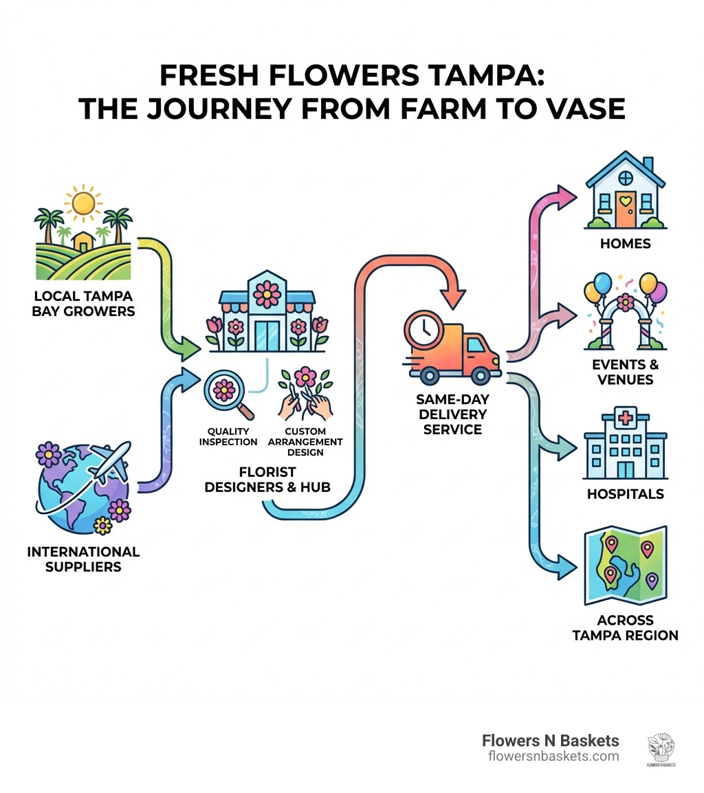 infographic showing the journey of fresh flowers from local Tampa Bay growers and international suppliers through florist designers to final delivery at homes, events, hospitals, and venues across the Tampa region, with key stops including quality inspection, custom arrangement design, and same-day delivery service - Fresh flowers Tampa infographic