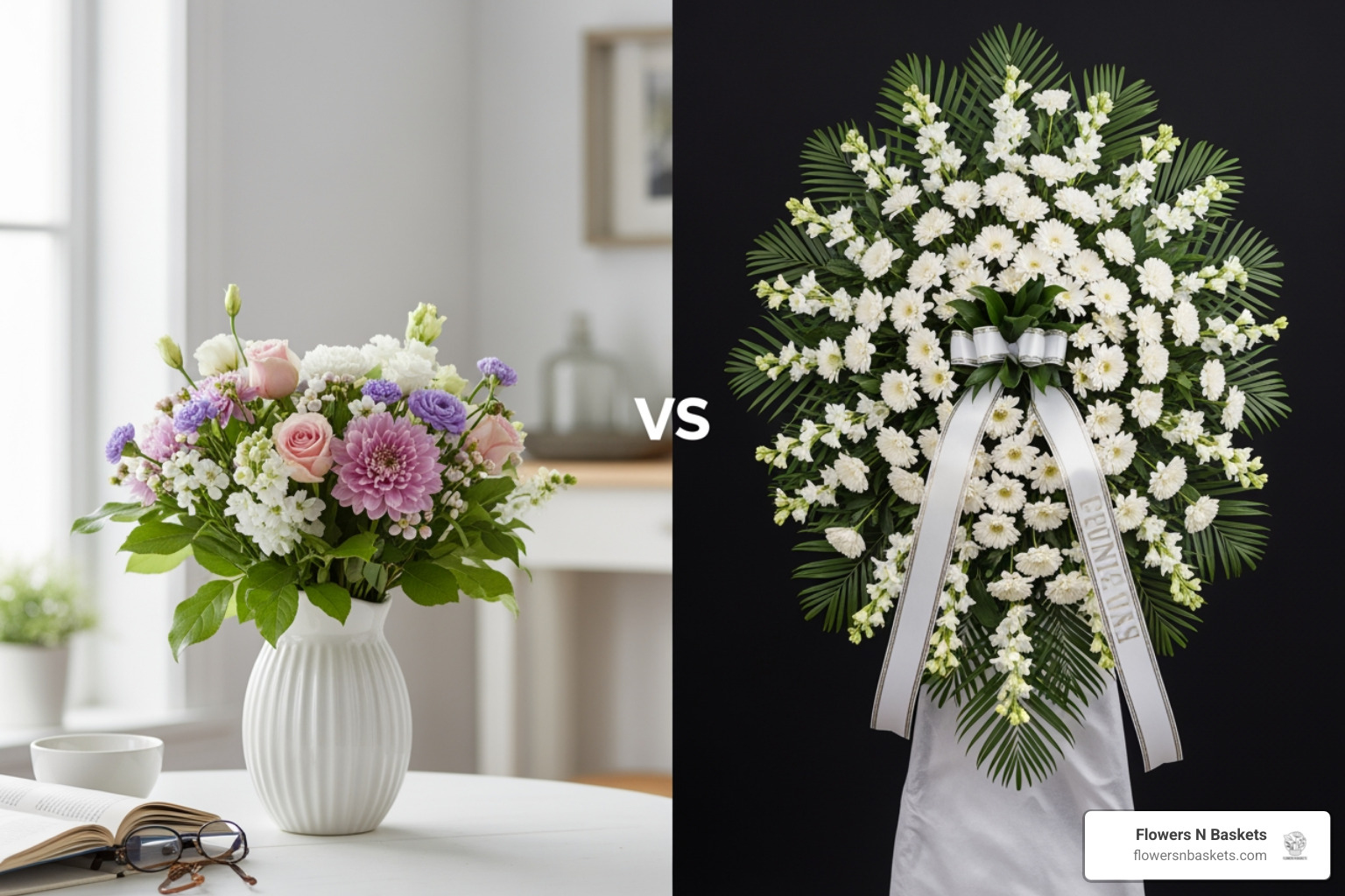 Image comparing home and service arrangements - flowers delivered sympathy