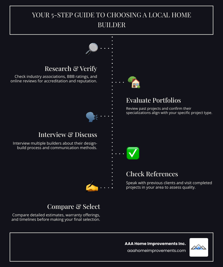 infographic showing the five-step process for choosing a local home builder: 1) Research builders through industry associations and BBB ratings, 2) Review portfolios and verify specializations match your project type, 3) Interview multiple builders about their design-build process and communication methods, 4) Check references and visit completed projects in your area, 5) Compare detailed estimates and warranty offerings before making your final selection - local home builders near me infographic infographic-line-5-steps-dark