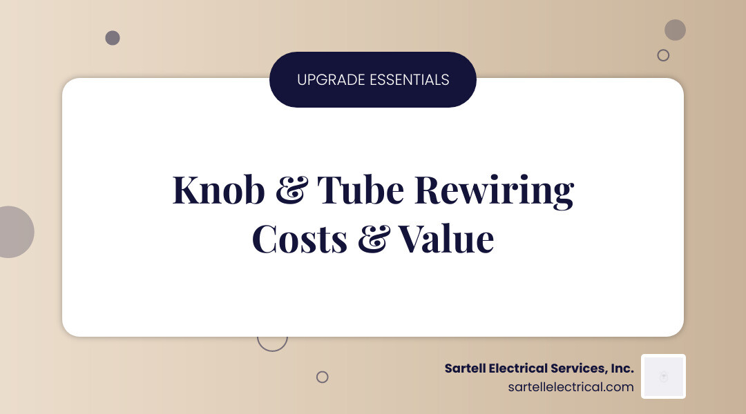 Infographic showing knob and tube replacement costs breakdown: $2-4 per square foot for labor and materials, $5,000 for old wiring removal, $200-500 for permits, total average range $8,000-20,000 for typical homes, with factors including home size (under 1,500 sq ft, 1,500-2,500 sq ft, over 2,500 sq ft), accessibility challenges, panel upgrades, and ROI benefits including increased safety, insurance coverage, higher home value, and energy efficiency - Knob tube replacement infographic simple-info-landscape-card Infographic showing knob and tube replacement costs breakdown: $2-4 per square foot for labor and materials, $5,000 for old wiring removal, $200-500 for permits, total average range $8,000-20,000 for typical homes, with factors including home size (under 1,500 sq ft, 1,500-2,500 sq ft, over 2,500 sq ft), accessibility challenges, panel upgrades, and ROI benefits including increased safety, insurance coverage, higher home value, and energy efficiency - Knob tube replacement infographic simple-info-landscape-card