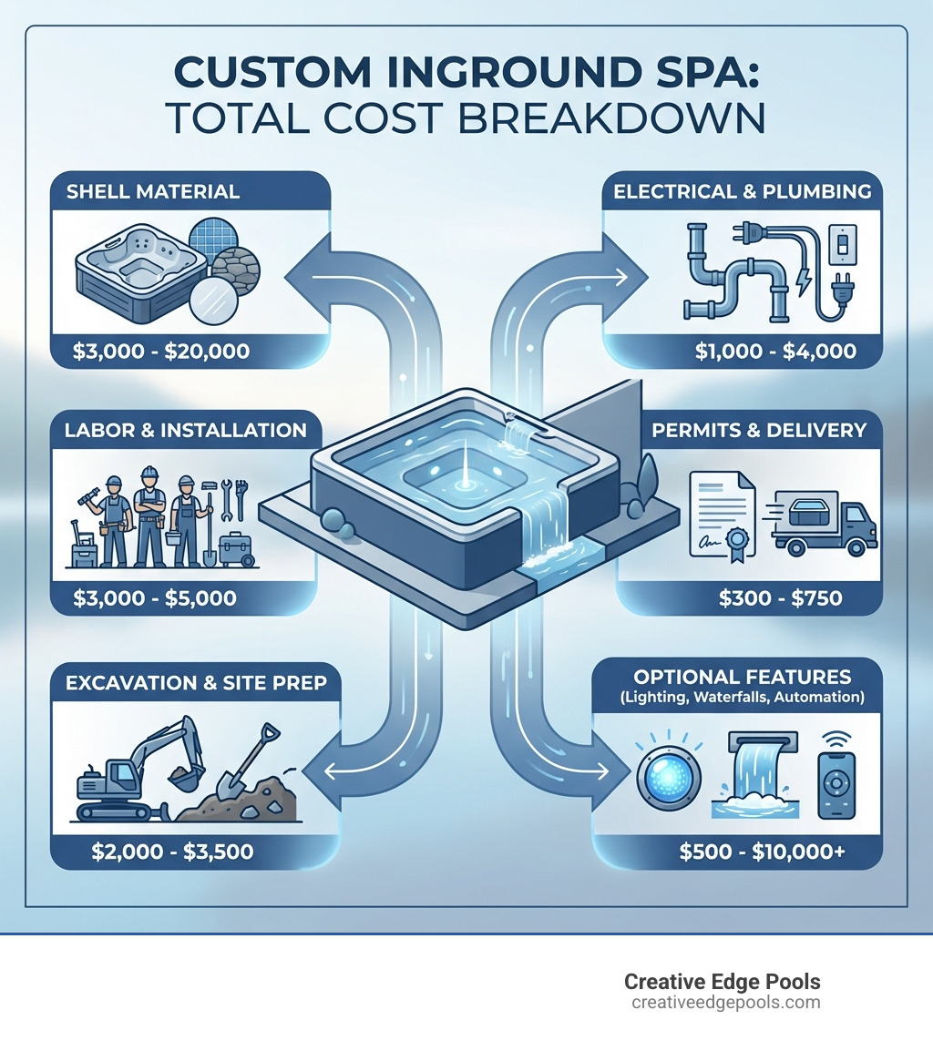 Infographic showing total cost breakdown of custom inground spa: shell material ($3,000-$20,000), labor and installation ($3,000-$5,000), excavation and site prep ($2,000-$3,500), electrical and plumbing ($1,000-$4,000), permits and delivery ($300-$750), optional features like lighting, waterfalls, and automation ($500-$10,000+) - average cost of inground hot tub infographic 
