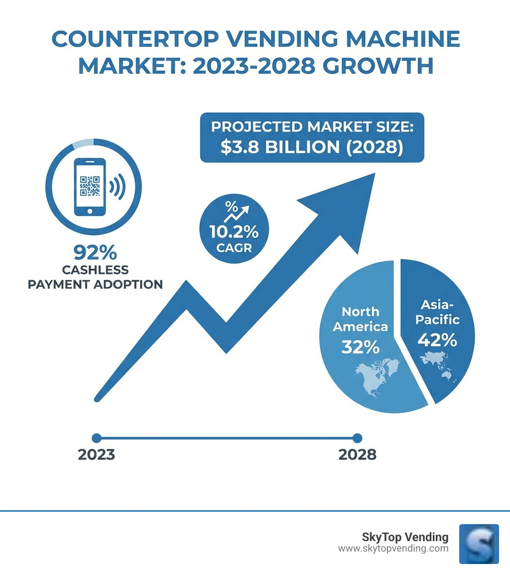 Infographic showing countertop vending machine market growth from 2023 to 2028, with key statistics: $3.8B projected market size, 10.2% CAGR, 92% cashless payment adoption, and breakdown of regional market share showing Asia-Pacific at 42% and North America at 32% - countertop vending machine for sale infographic Infographic showing countertop vending machine market growth from 2023 to 2028, with key statistics: $3.8B projected market size, 10.2% CAGR, 92% cashless payment adoption, and breakdown of regional market share showing Asia-Pacific at 42% and North America at 32% - countertop vending machine for sale infographic