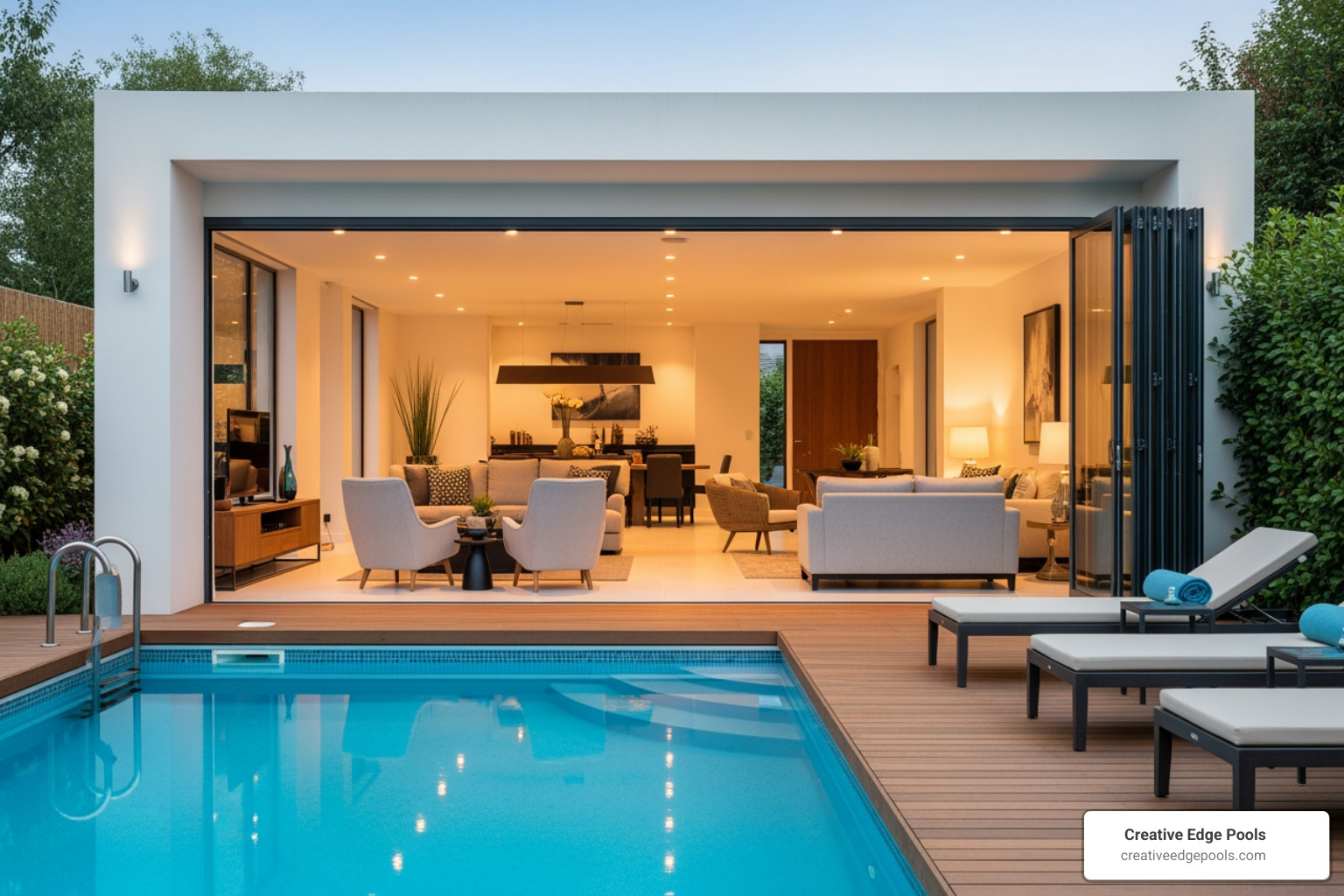 large sliding or folding doors opening to a pool - back porch pool ideas