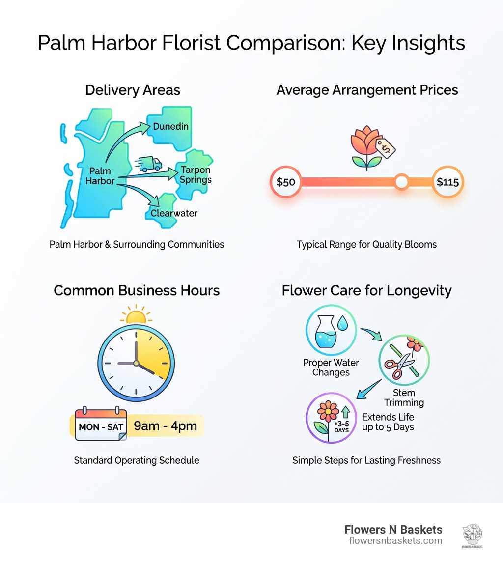 infographic showing palm harbor florist comparison including delivery areas, average arrangement prices ranging from $50-$115, common business hours monday through saturday 9am-4pm, and care tips for extending flower life 3-5 days with proper water changes and stem trimming - palm harbor fl flower shop infographic