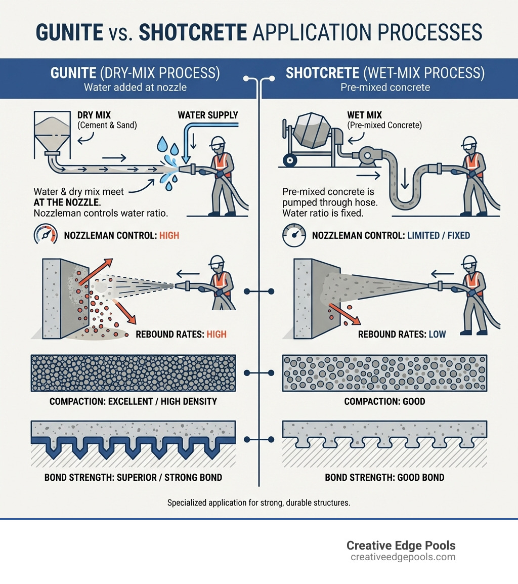 Infographic comparing gunite dry-mix application process with water added at nozzle versus shotcrete wet-mix application with pre-mixed concrete, showing nozzleman control, rebound rates, compaction differences, and bond strength characteristics for both methods - gunite concrete contractors infographic 