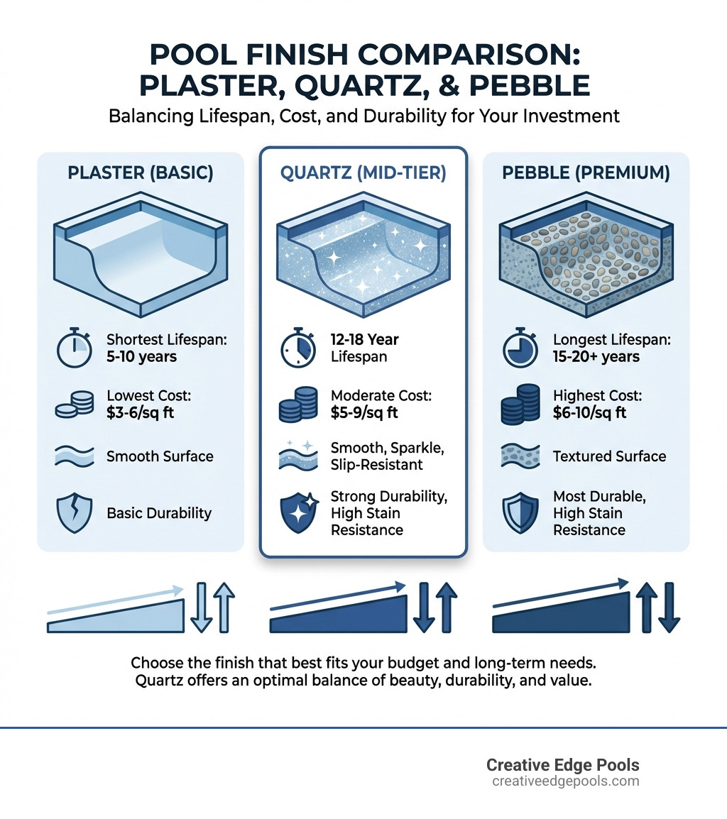 infographic showing pool finish comparison with three columns: plaster (basic, shortest lifespan, lowest cost, smooth surface), quartz (mid-tier, 12-18 year lifespan, moderate cost, smooth with sparkle, stain resistant), and pebble (premium, longest lifespan, highest cost, textured surface, most durable) - Quartz pool finish infographic 