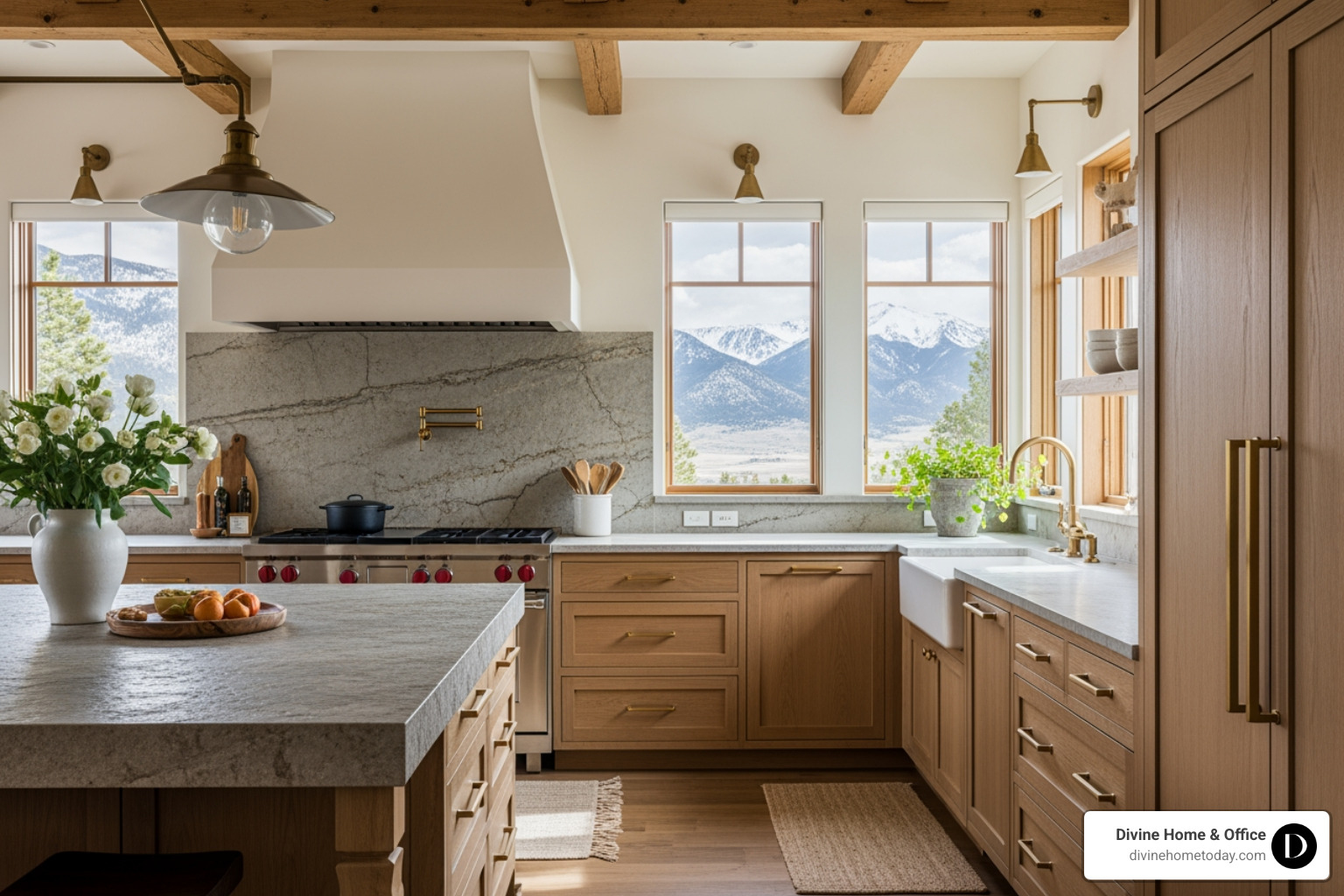 High-end modern mountain kitchen in a million-dollar Denver home, stone countertops, natural wood cabinetry, brass hardware, exposed beams, natural textures, large windows with Colorado mountain views, bright natural lighting, warm neutral palette, no Victorian or traditional elements. - interior design process
