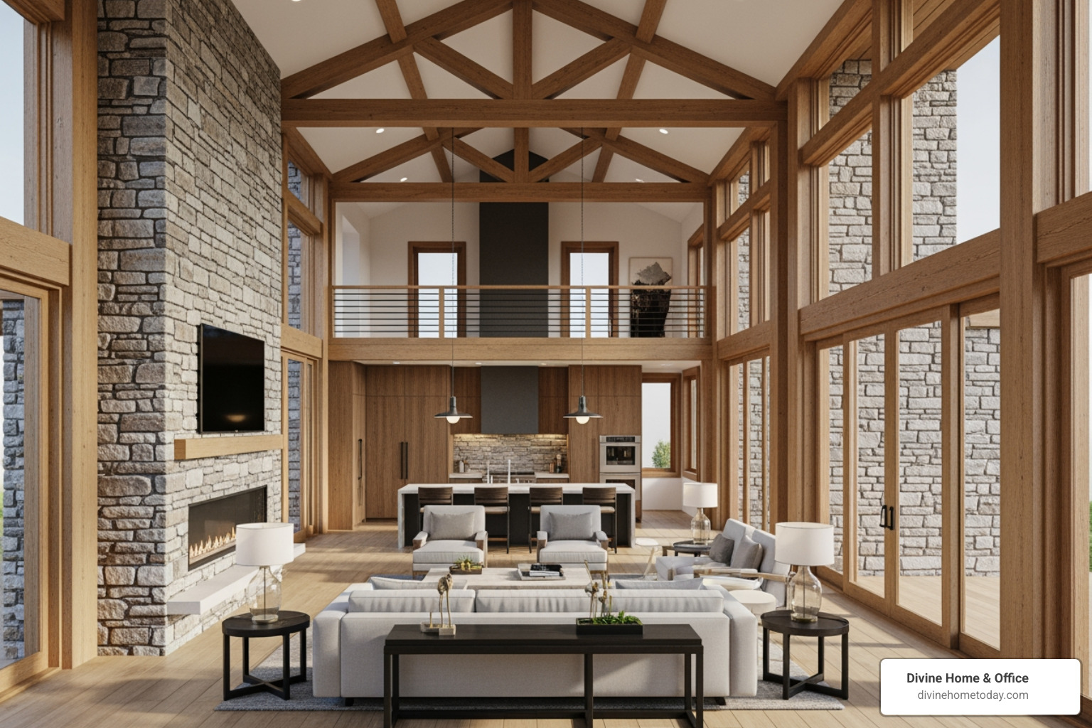 3D rendering of a luxury modern mountain home interior, showing open-concept living space with stone accents, timber beams, and large windows, bright natural lighting, clean and polished, no ornate detailing. - interior design process