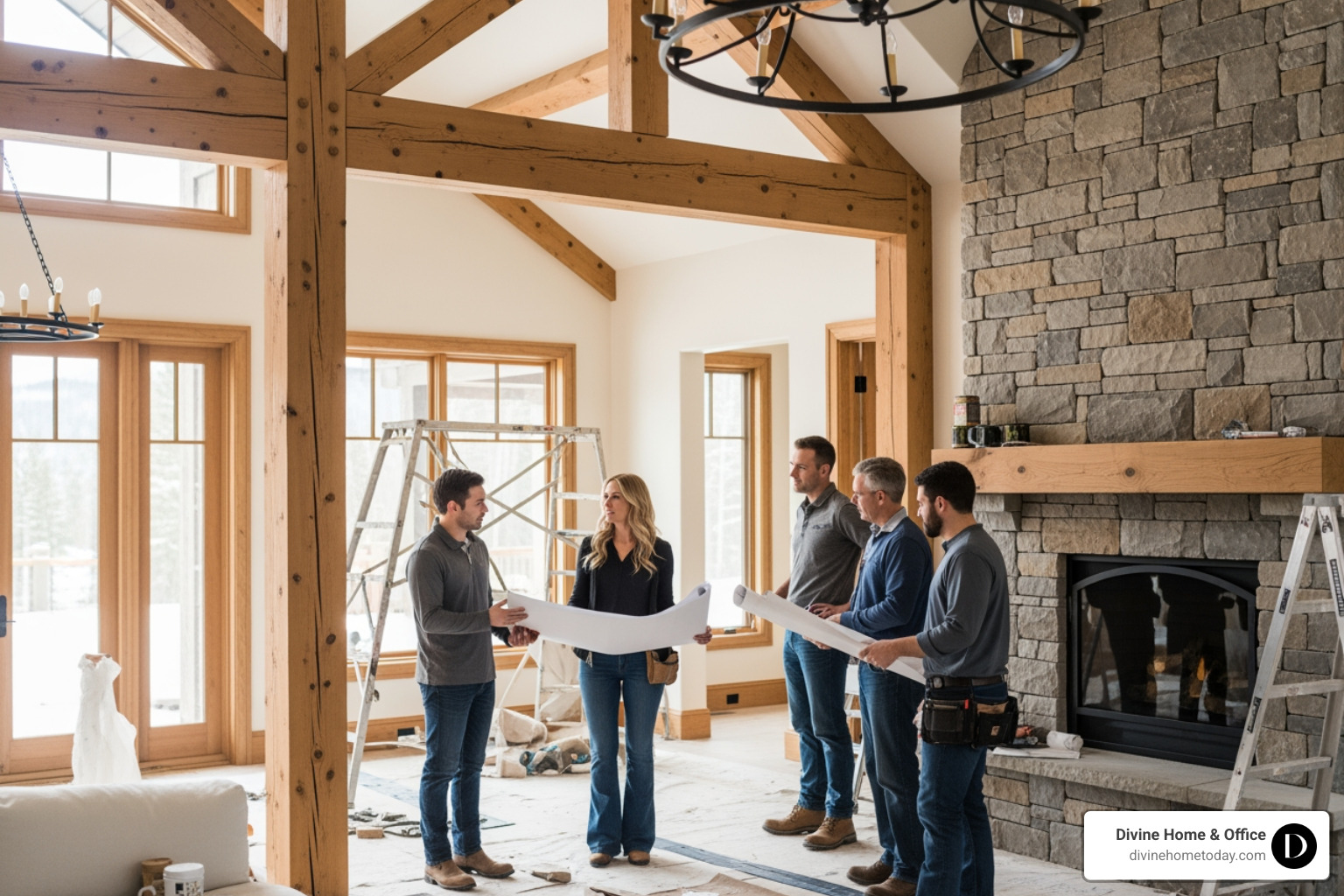 Interior designer on-site with contractors in a luxury Denver home under renovation, discussing plans near exposed timber beams and stone fireplace, bright natural lighting, professional and collaborative atmosphere. - interior design process