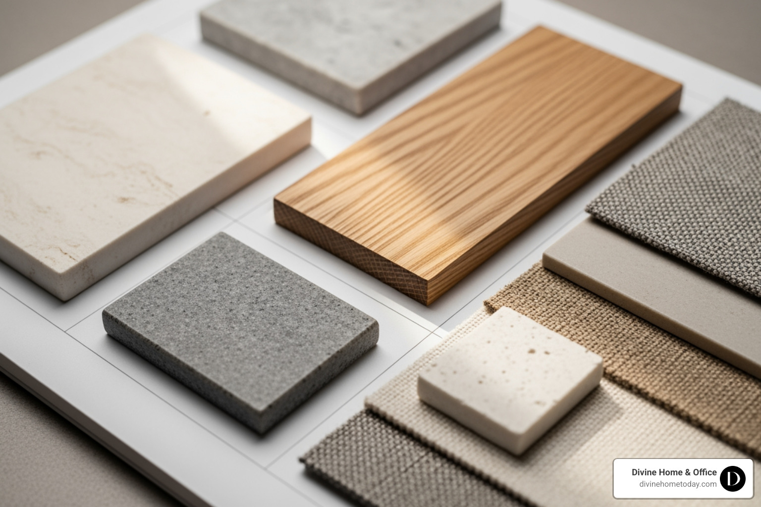 Close-up of high-end material swatches including natural stone, warm wood, and textured fabrics, arranged on a design board for a Denver luxury home, soft natural light. - interior design process