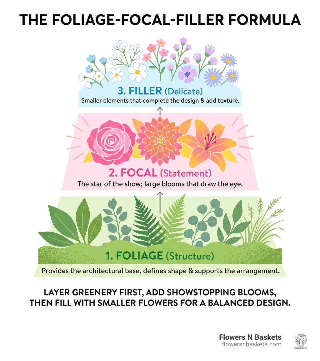 Infographic showing the foliage-focal-filler formula with three layers: bottom layer of textured greenery providing structure, middle layer of large statement blooms as focal points, and top layer of delicate filler flowers completing the design - floral arrangement ideas infographic