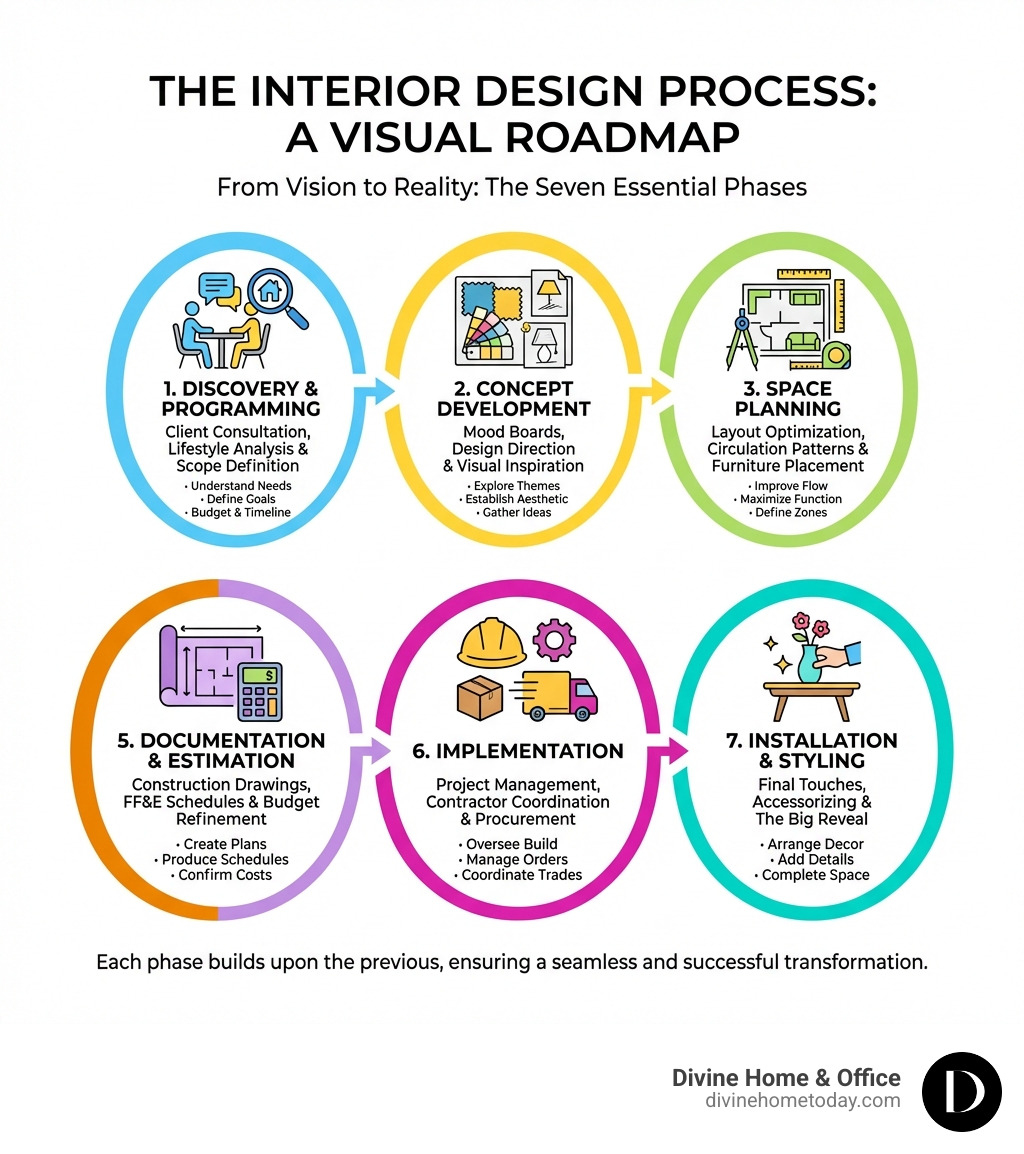 Detailed infographic showing the seven phases of the interior design process: Discovery & Programming with client consultation and lifestyle analysis, Concept Development with mood boards and design direction, Space Planning with layout optimization and furniture placement, Design Development with material selection and specifications, Documentation & Estimation with construction drawings and budgets, Implementation with contractor coordination and procurement, and Installation & Styling with final touches and reveal - interior design process infographic 