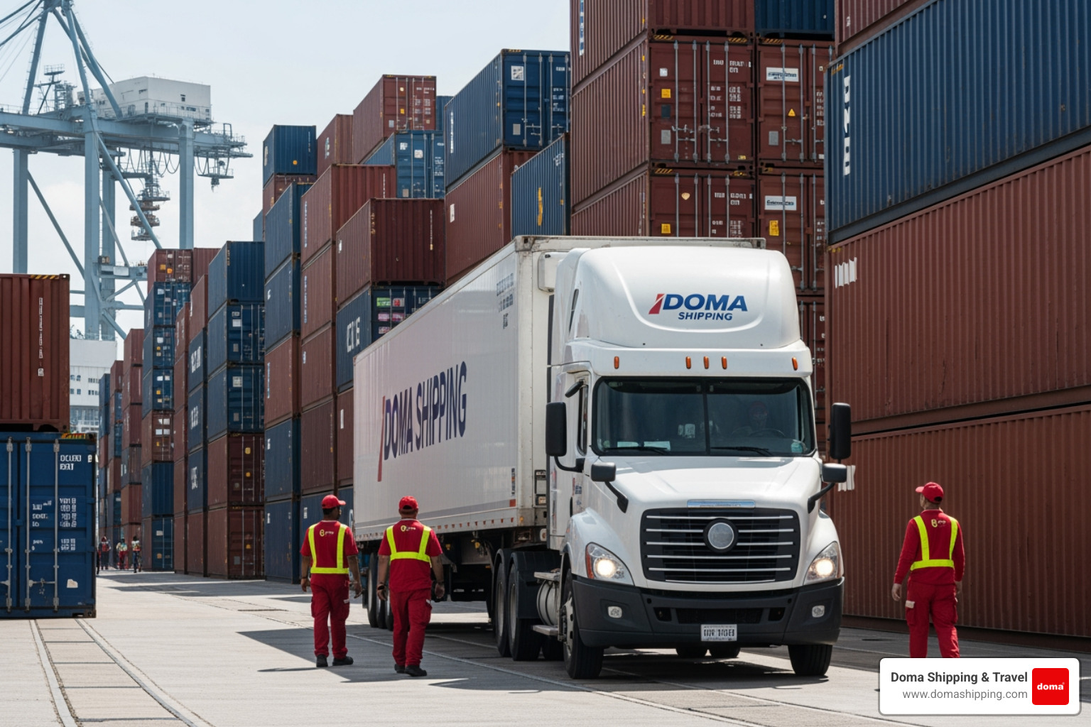 shipping containers at a port in the USA, ready for international shipment to Europe, with a Doma Shipping branded truck in the foreground - how much to ship a package from usa to europe