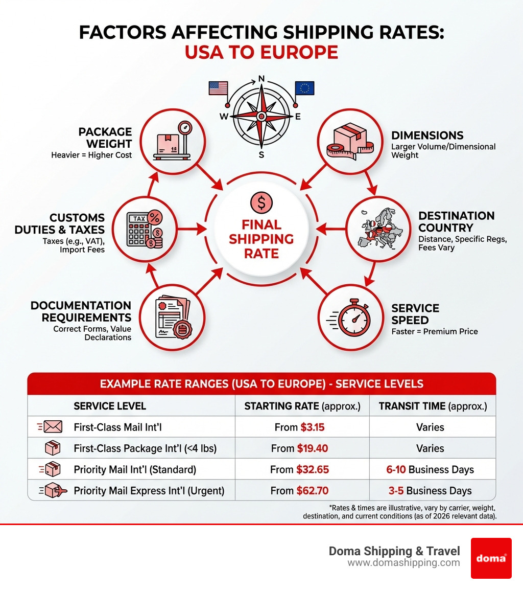 infographic showing factors affecting international shipping rates from USA to Europe including package weight, dimensions, destination country, service speed, customs duties, and documentation requirements with example rate ranges for different service levels - how much to ship a package from usa to europe infographic 