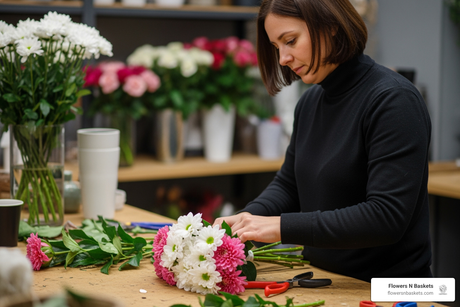 A local florist in Tampa Bay meticulously arranging a beautiful sympathy bouquet with fresh flowers - funeral flowers tampa