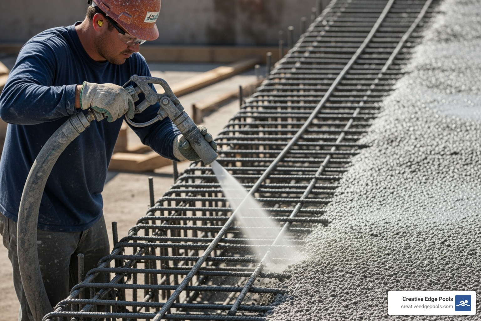 image of a nozzleman applying gunite to a steel rebar frame - local gunite contractors image of a nozzleman applying gunite to a steel rebar frame - local gunite contractors
