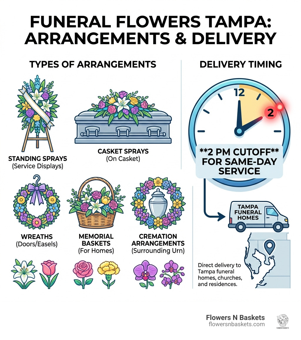 Infographic showing types of funeral flower arrangements including standing sprays for service displays, casket sprays placed on top of caskets, wreaths for doors or easels, memorial baskets for homes, cremation arrangements surrounding urns, and delivery timing requirements with 2 PM cutoff for same-day service to Tampa funeral homes - funeral flowers tampa infographic