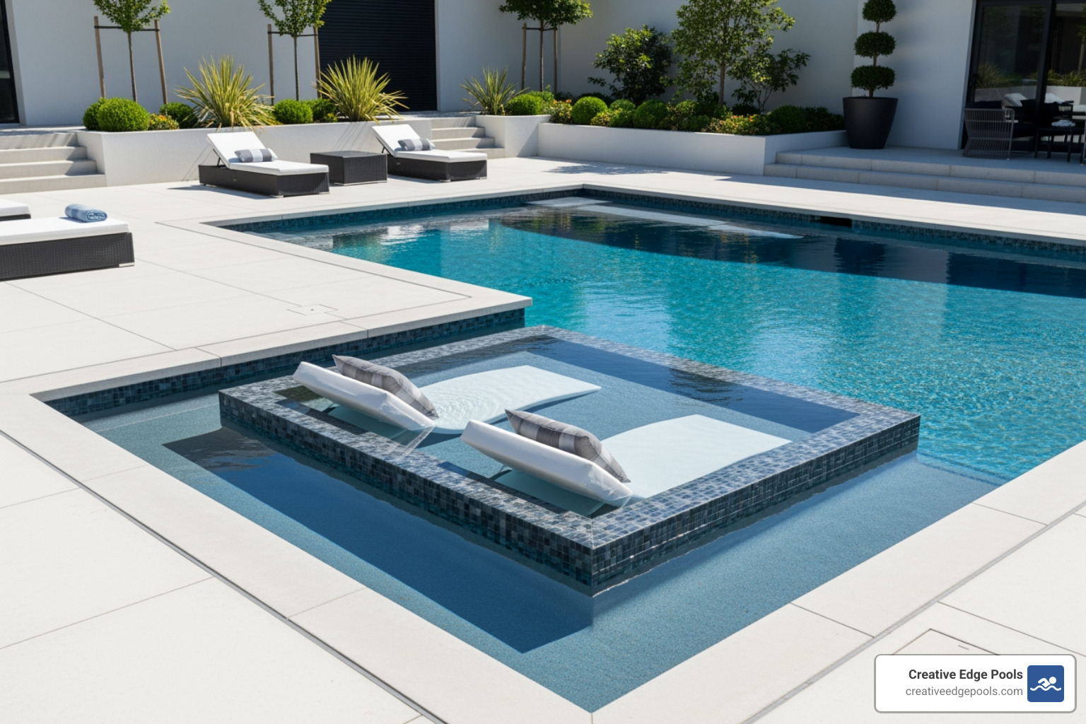 modern geometric pool with sun shelf - backyard remodel with pool