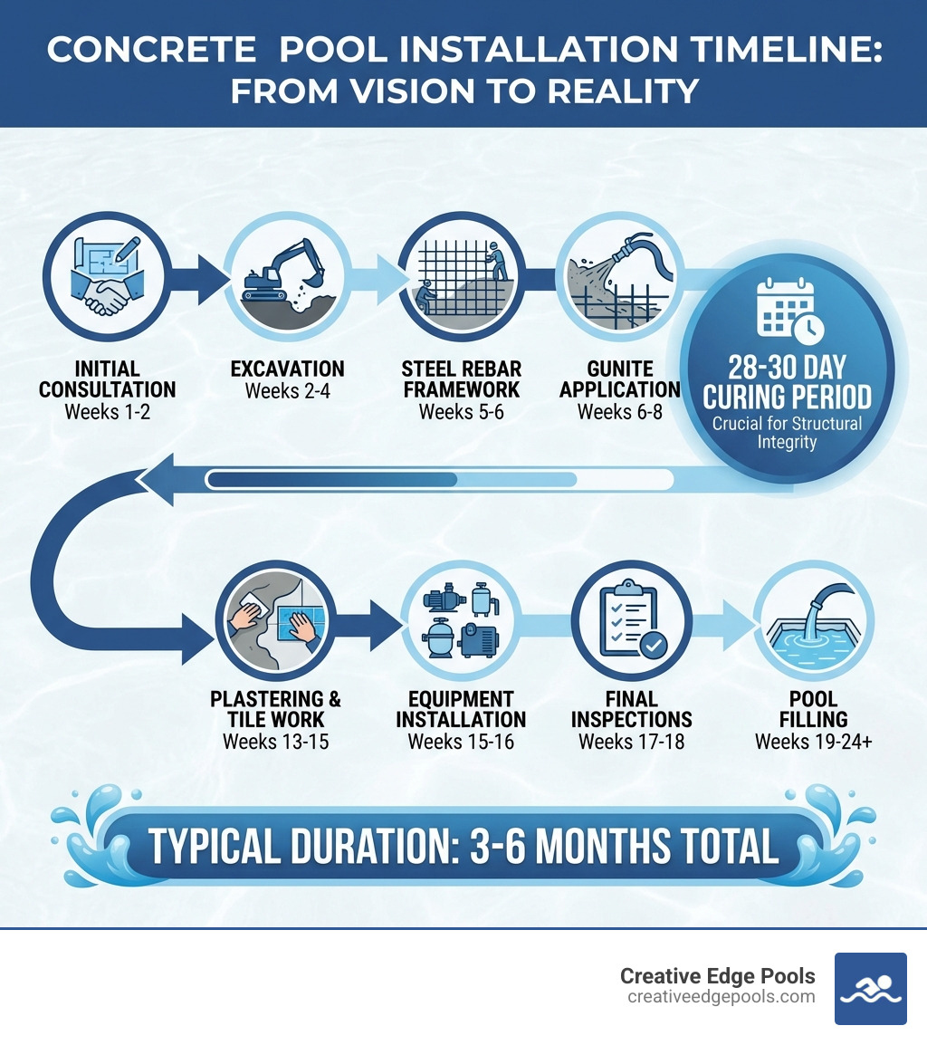 infographic showing concrete pool installation timeline from initial consultation through excavation, steel rebar framework, gunite application, 28-30 day curing period, plastering and tile work, equipment installation, final inspections, and pool filling, with typical duration of 3-6 months total - Concrete pool installation cost infographic 