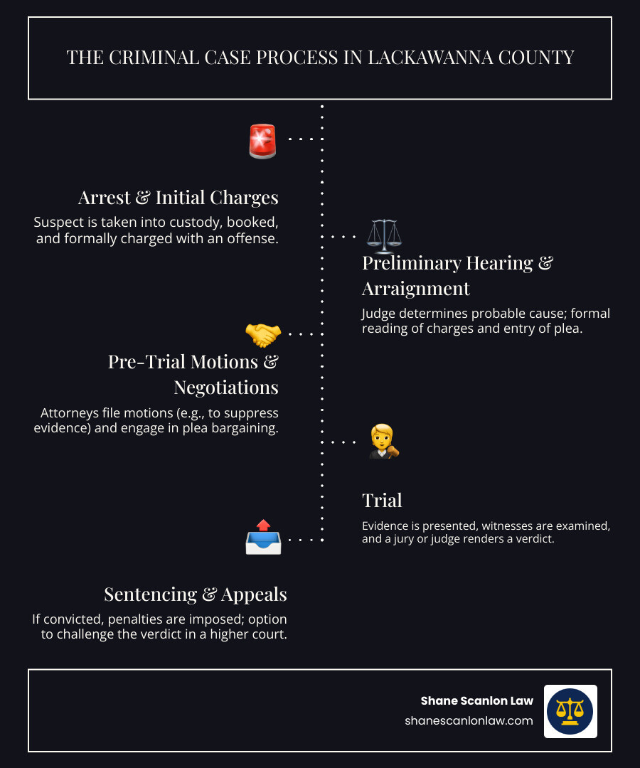 Infographic showing the criminal case process in Lackawanna County from arrest through preliminary hearing, arraignment, pre-trial motions, plea negotiations, trial, and potential appeals - Lackawanna criminal defense attorney infographic infographic-line-5-steps-dark Infographic showing the criminal case process in Lackawanna County from arrest through preliminary hearing, arraignment, pre-trial motions, plea negotiations, trial, and potential appeals - Lackawanna criminal defense attorney infographic infographic-line-5-steps-dark