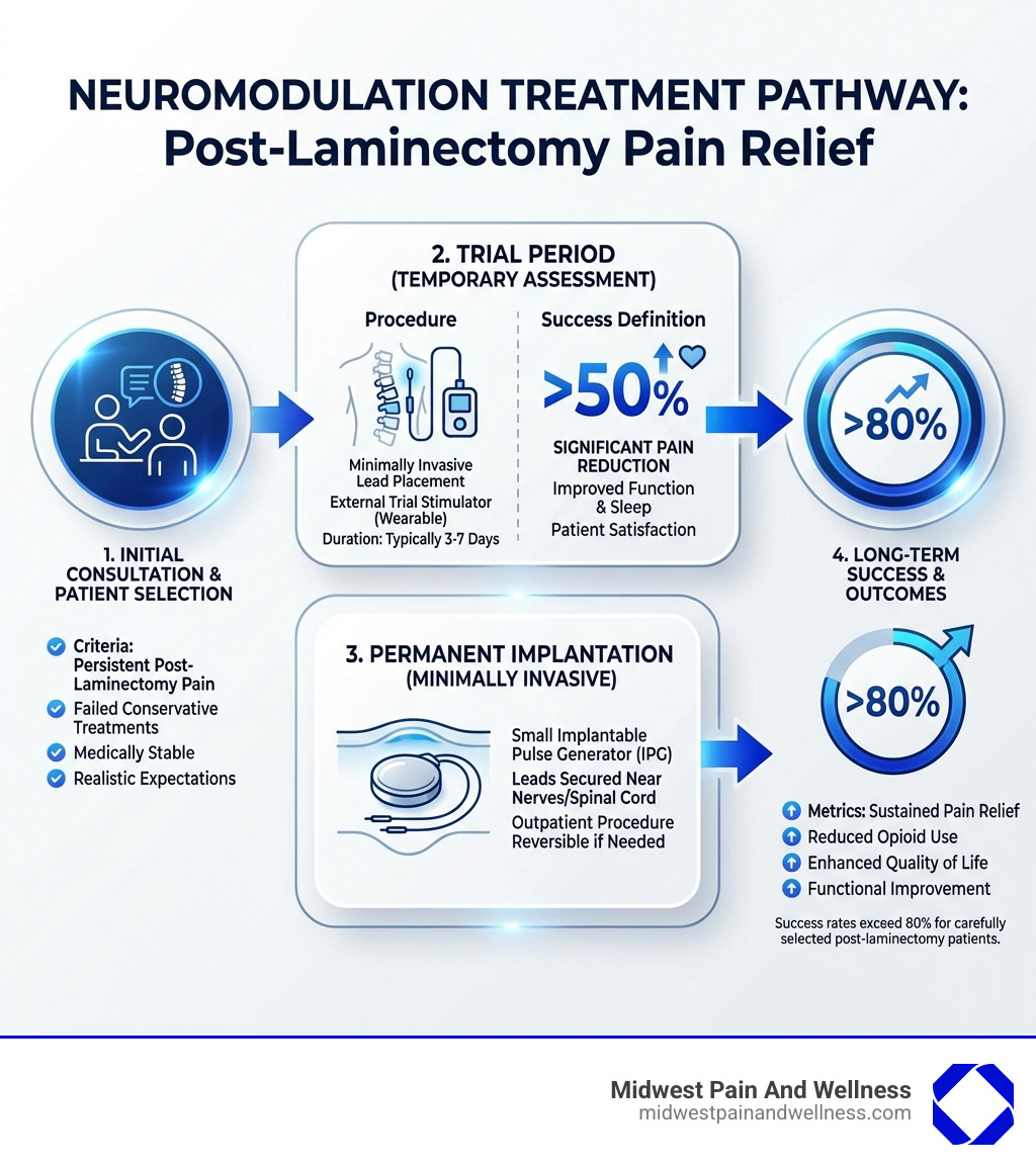 detailed infographic showing the neuromodulation treatment pathway from initial consultation through trial period to permanent implantation, including patient selection criteria and success metrics - neuromodulation (scs/pns/drg) + post-laminectomy infographic 