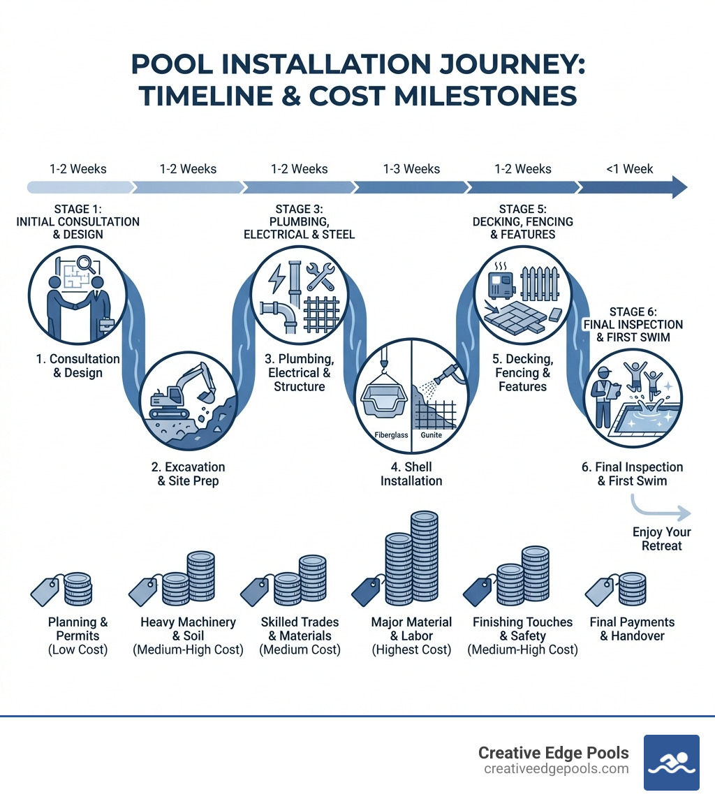infographic showing the pool installation journey from initial consultation and excavation through plumbing and electrical work, shell installation, decking and fencing, to final inspection and first swim, with typical timeline and cost milestones for each phase - average cost of an inground pool installation infographic 