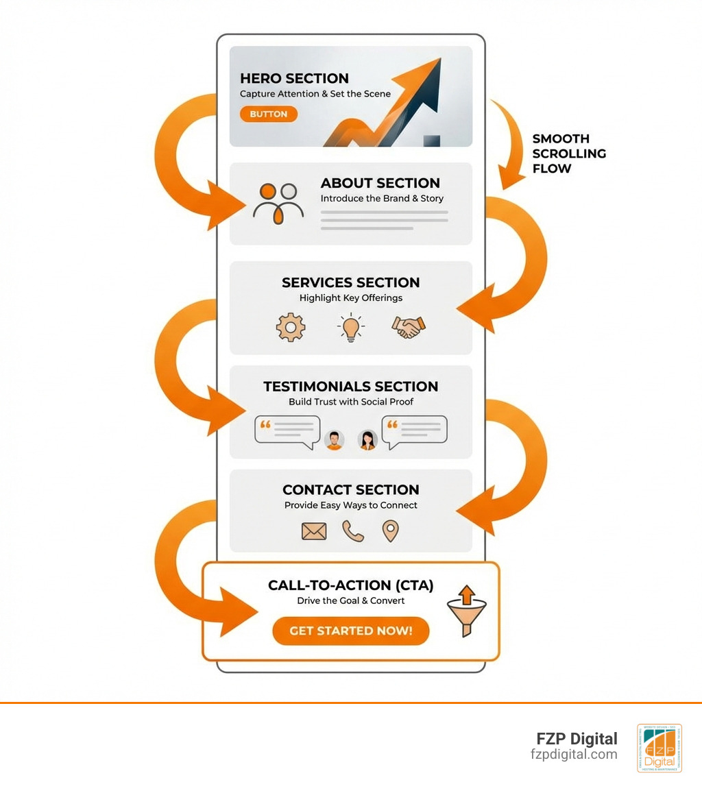 infographic showing the visitor journey through a single-page website from hero section to call-to-action, with arrows indicating smooth scrolling flow through about, services, testimonials, and contact sections - great one page websites infographic infographic showing the visitor journey through a single-page website from hero section to call-to-action, with arrows indicating smooth scrolling flow through about, services, testimonials, and contact sections - great one page websites infographic