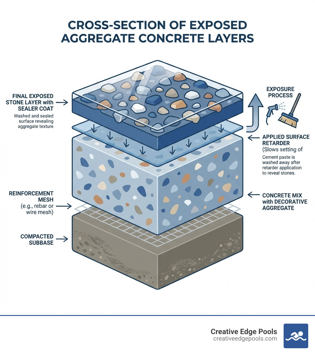 infographic showing cross-section layers of exposed aggregate concrete including compacted subbase, reinforcement mesh, concrete mix with decorative aggregate, applied surface retarder, and final exposed stone layer with sealer coat - Exposed aggregate finish infographic infographic showing cross-section layers of exposed aggregate concrete including compacted subbase, reinforcement mesh, concrete mix with decorative aggregate, applied surface retarder, and final exposed stone layer with sealer coat - Exposed aggregate finish infographic