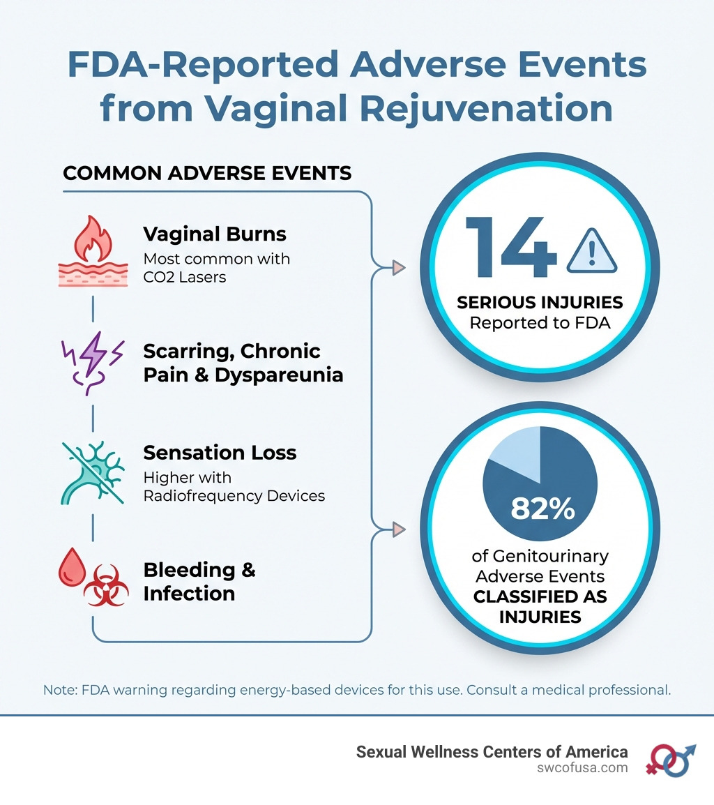 Infographic showing FDA-reported adverse events from vaginal rejuvenation including vaginal burns (most common with CO2 lasers), scarring, chronic pain and dyspareunia, sensation loss (higher with radiofrequency devices), bleeding and infection, with 14 serious injuries reported to FDA and 82% of genitourinary adverse events classified as injuries - vaginal rejuvenation side effects infographic Infographic showing FDA-reported adverse events from vaginal rejuvenation including vaginal burns (most common with CO2 lasers), scarring, chronic pain and dyspareunia, sensation loss (higher with radiofrequency devices), bleeding and infection, with 14 serious injuries reported to FDA and 82% of genitourinary adverse events classified as injuries - vaginal rejuvenation side effects infographic