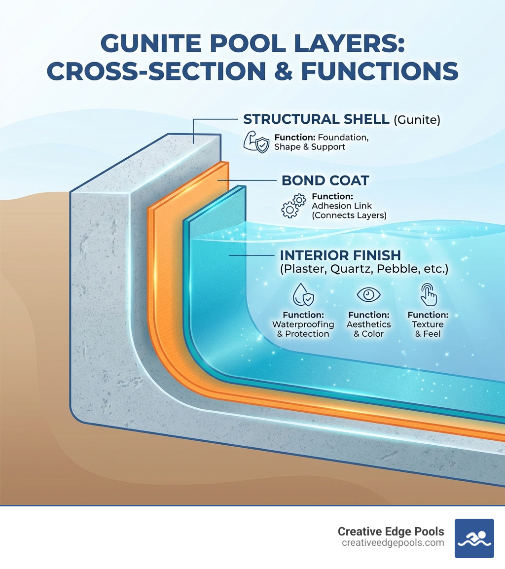 infographic showing cross-section layers of a gunite pool from structural shell through bond coat to interior finish with labels for each layer and their functions including waterproofing, aesthetics, and protection - Pool interior finish infographic infographic showing cross-section layers of a gunite pool from structural shell through bond coat to interior finish with labels for each layer and their functions including waterproofing, aesthetics, and protection - Pool interior finish infographic
