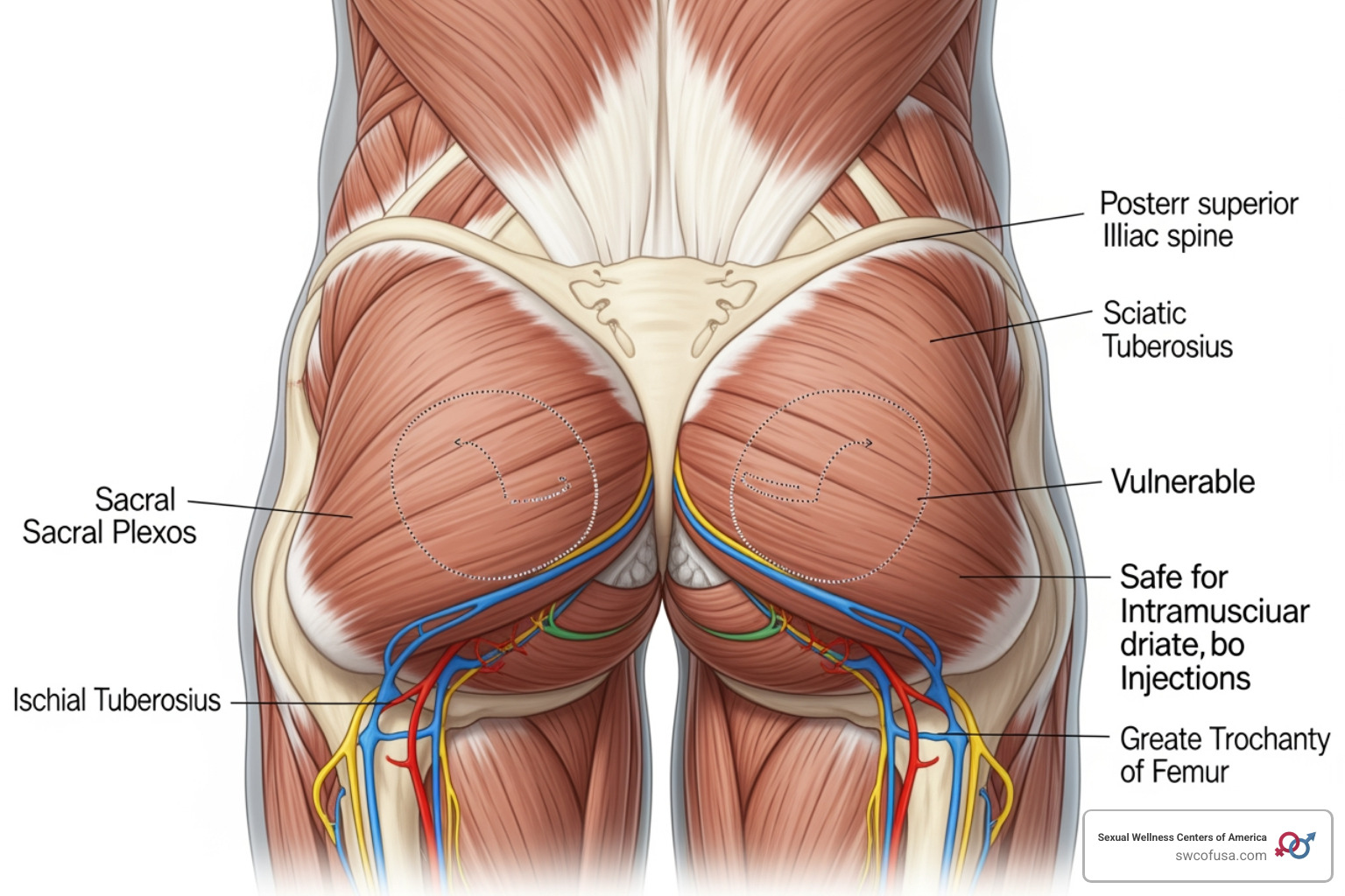 Diagram showing the path of the sciatic nerve through the gluteal region, highlighting areas of potential vulnerability during intramuscular injections - gluteal injection site complications Diagram showing the path of the sciatic nerve through the gluteal region, highlighting areas of potential vulnerability during intramuscular injections - gluteal injection site complications