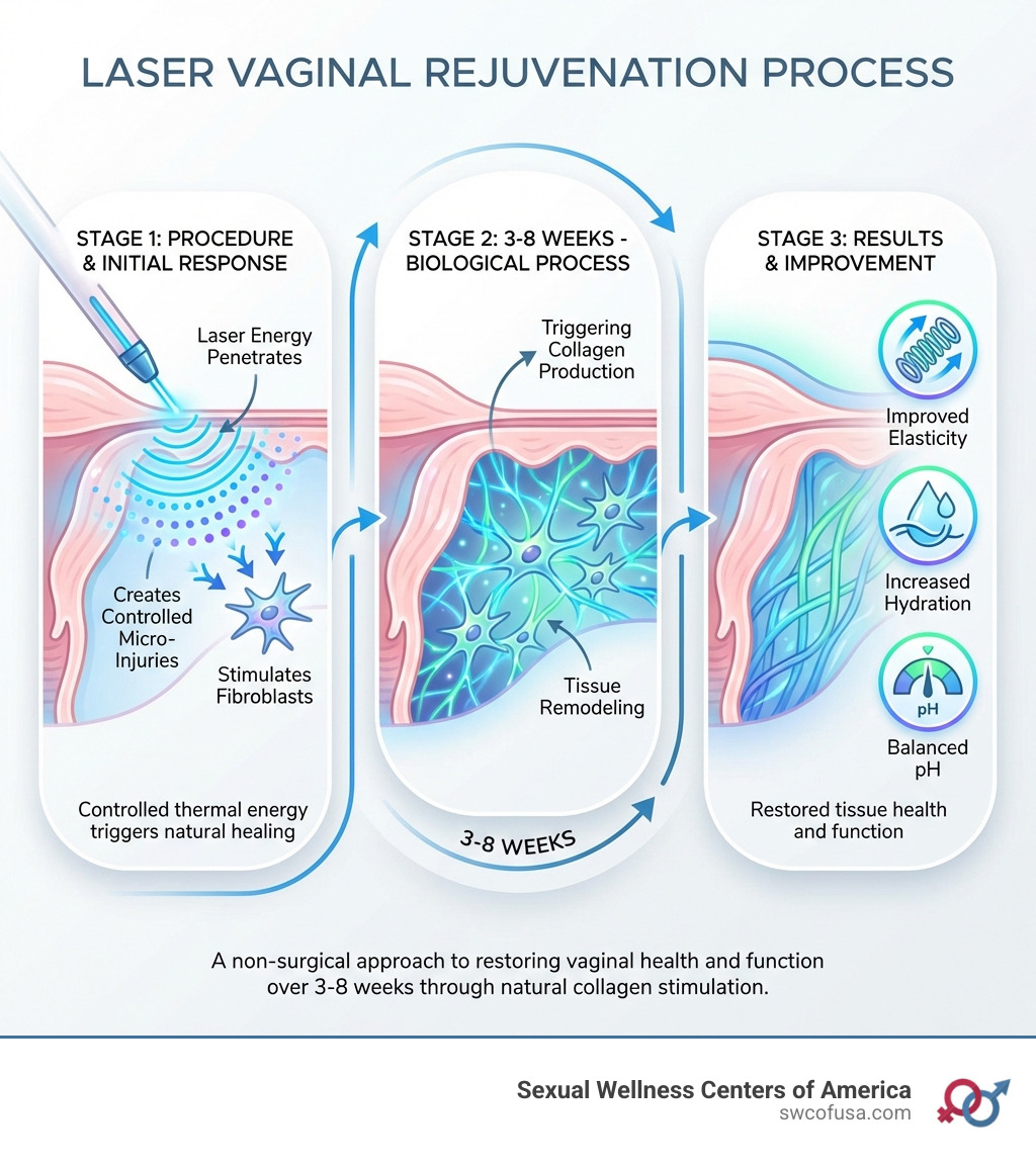 Infographic showing the laser vaginal rejuvenation process: laser energy penetrates vaginal tissue, creating controlled micro-injuries that stimulate fibroblasts, triggering collagen production and tissue remodeling, resulting in improved elasticity, hydration, and pH balance over 3-8 weeks - vaginal rejuvenation laser procedure infographic Infographic showing the laser vaginal rejuvenation process: laser energy penetrates vaginal tissue, creating controlled micro-injuries that stimulate fibroblasts, triggering collagen production and tissue remodeling, resulting in improved elasticity, hydration, and pH balance over 3-8 weeks - vaginal rejuvenation laser procedure infographic