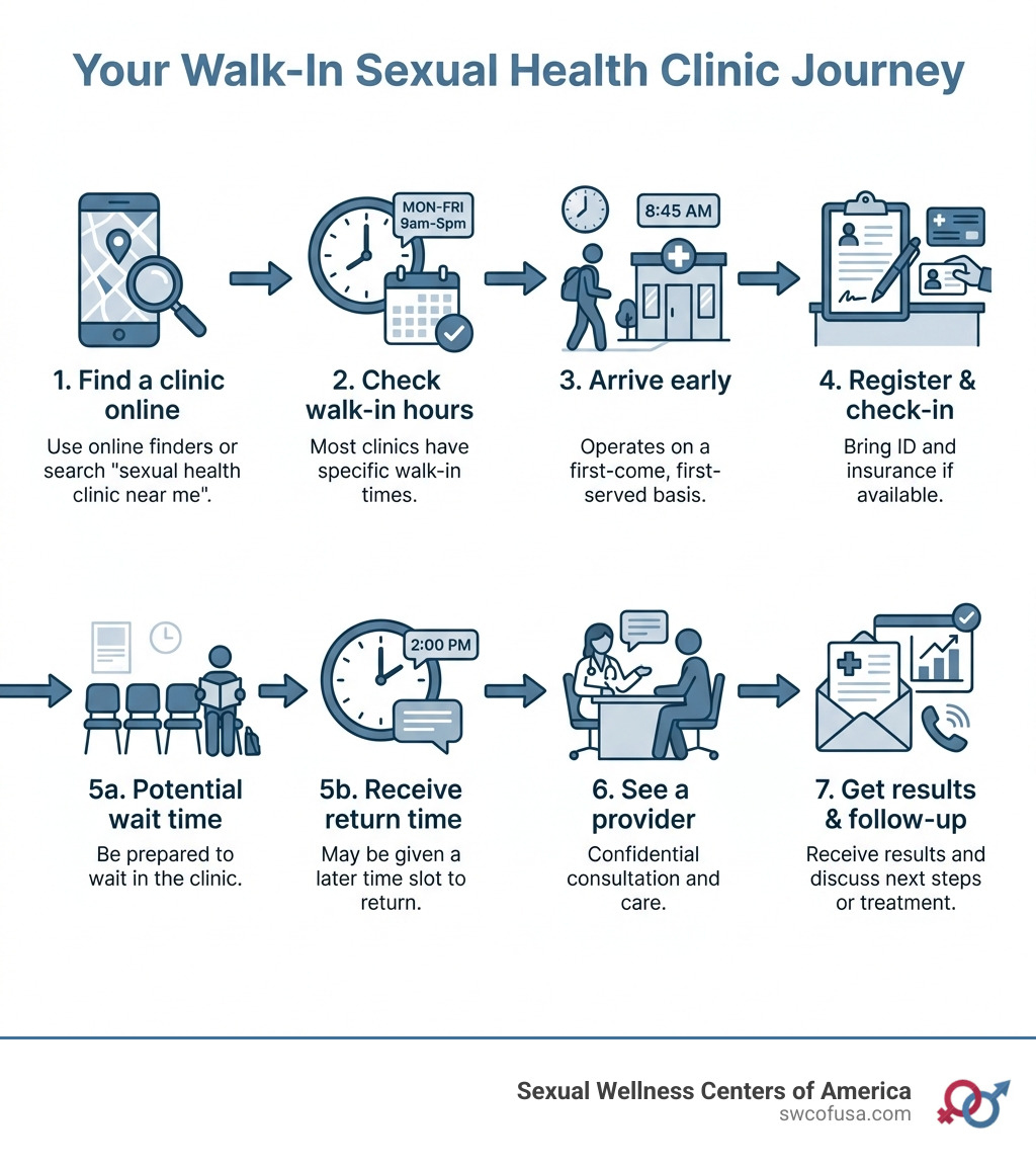 Infographic showing the walk-in clinic journey: Find a clinic online, check hours, arrive early, register, potentially receive a return time, see a provider, get results/follow-up. - walk in sexual health clinic infographic 