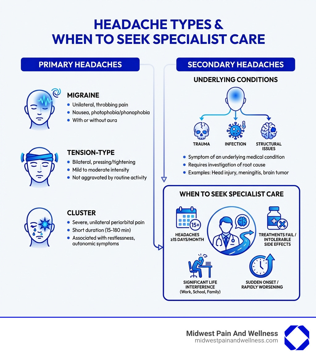 Infographic showing primary headache types (migraine, tension-type, cluster) versus secondary headaches (caused by underlying conditions like trauma, infection, or structural issues), with key diagnostic criteria and when to seek specialist care - headache specialist infographic Infographic showing primary headache types (migraine, tension-type, cluster) versus secondary headaches (caused by underlying conditions like trauma, infection, or structural issues), with key diagnostic criteria and when to seek specialist care - headache specialist infographic