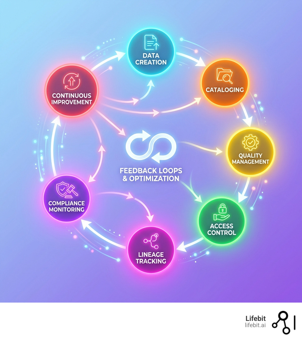 infographic showing the complete data governance lifecycle from data creation through cataloging, quality management, access control, lineage tracking, compliance monitoring, and continuous improvement with feedback loops - what is a data governance framework infographic infographic showing the complete data governance lifecycle from data creation through cataloging, quality management, access control, lineage tracking, compliance monitoring, and continuous improvement with feedback loops - what is a data governance framework infographic
