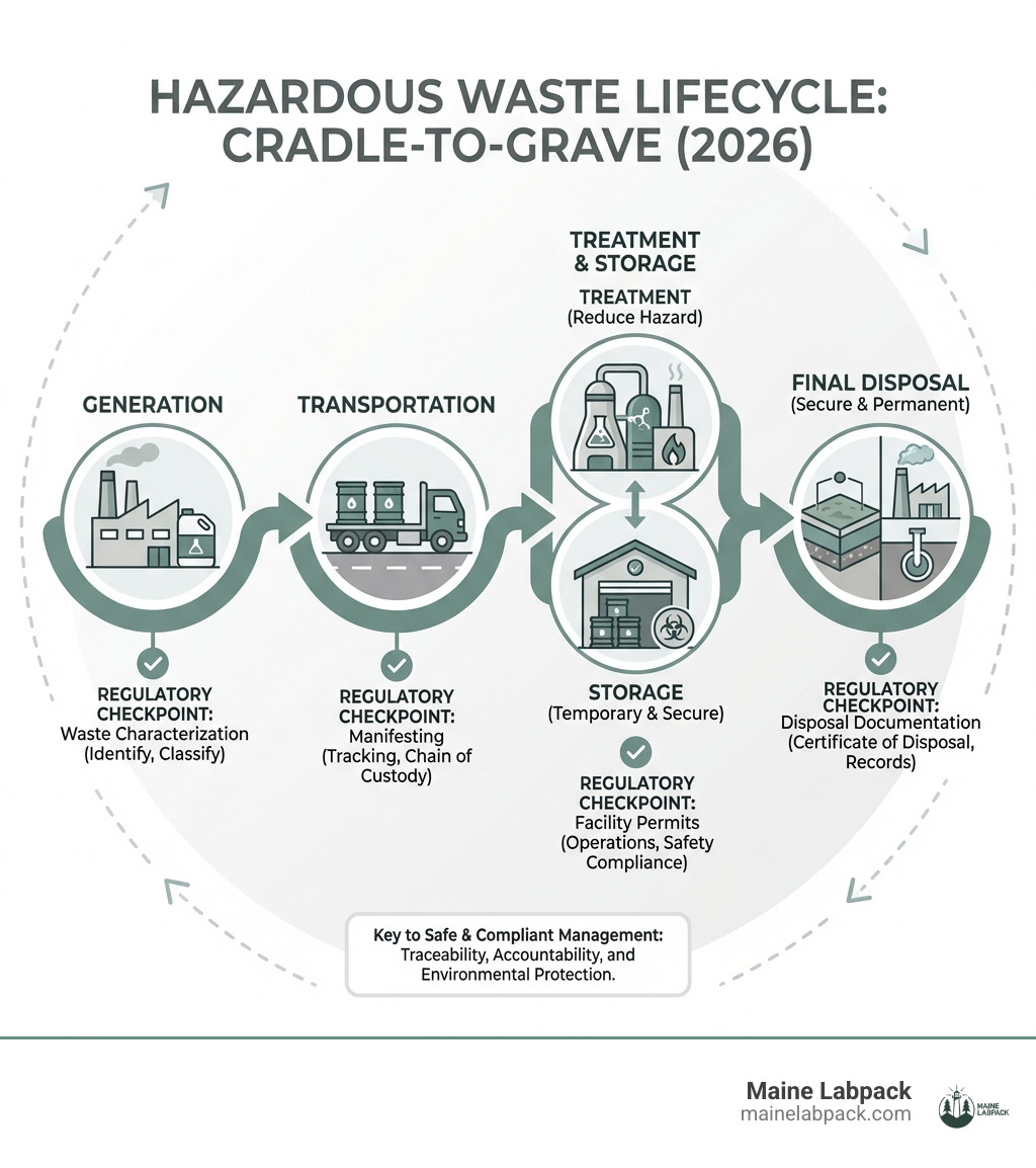 Infographic showing the cradle-to-grave hazardous waste lifecycle from generation through transportation, treatment, storage, and final disposal, with key regulatory checkpoints at each stage including waste characterization, manifesting, facility permits, and disposal documentation - hazardous disposal infographic Infographic showing the cradle-to-grave hazardous waste lifecycle from generation through transportation, treatment, storage, and final disposal, with key regulatory checkpoints at each stage including waste characterization, manifesting, facility permits, and disposal documentation - hazardous disposal infographic