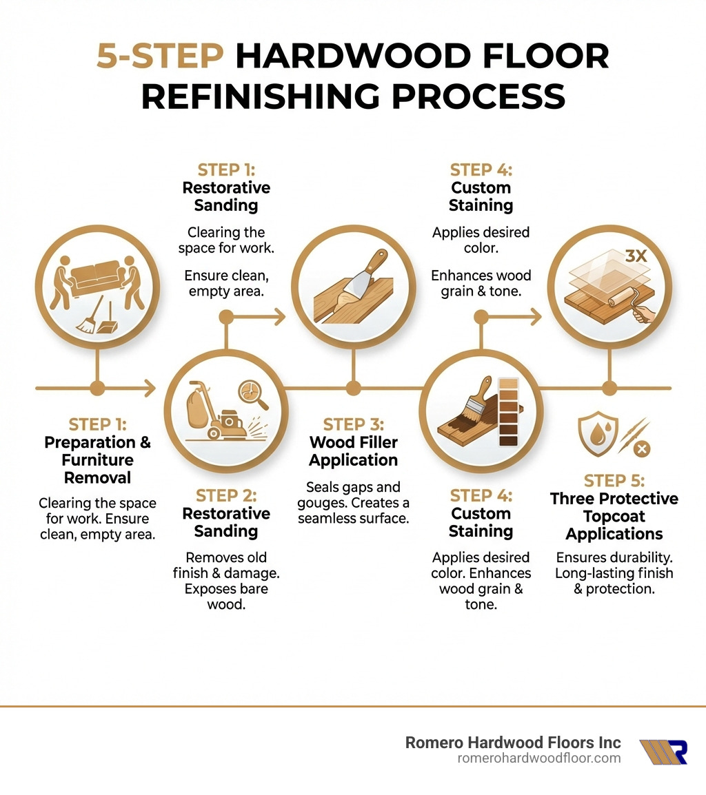 Infographic showing the 5-step hardwood floor refinishing process: 1) Preparation and furniture removal, 2) Restorative sanding to remove old finish and damage, 3) Wood filler application for gaps and gouges, 4) Custom staining for desired color, 5) Three protective topcoat applications for durability - wood floor refinishers near me infographic 