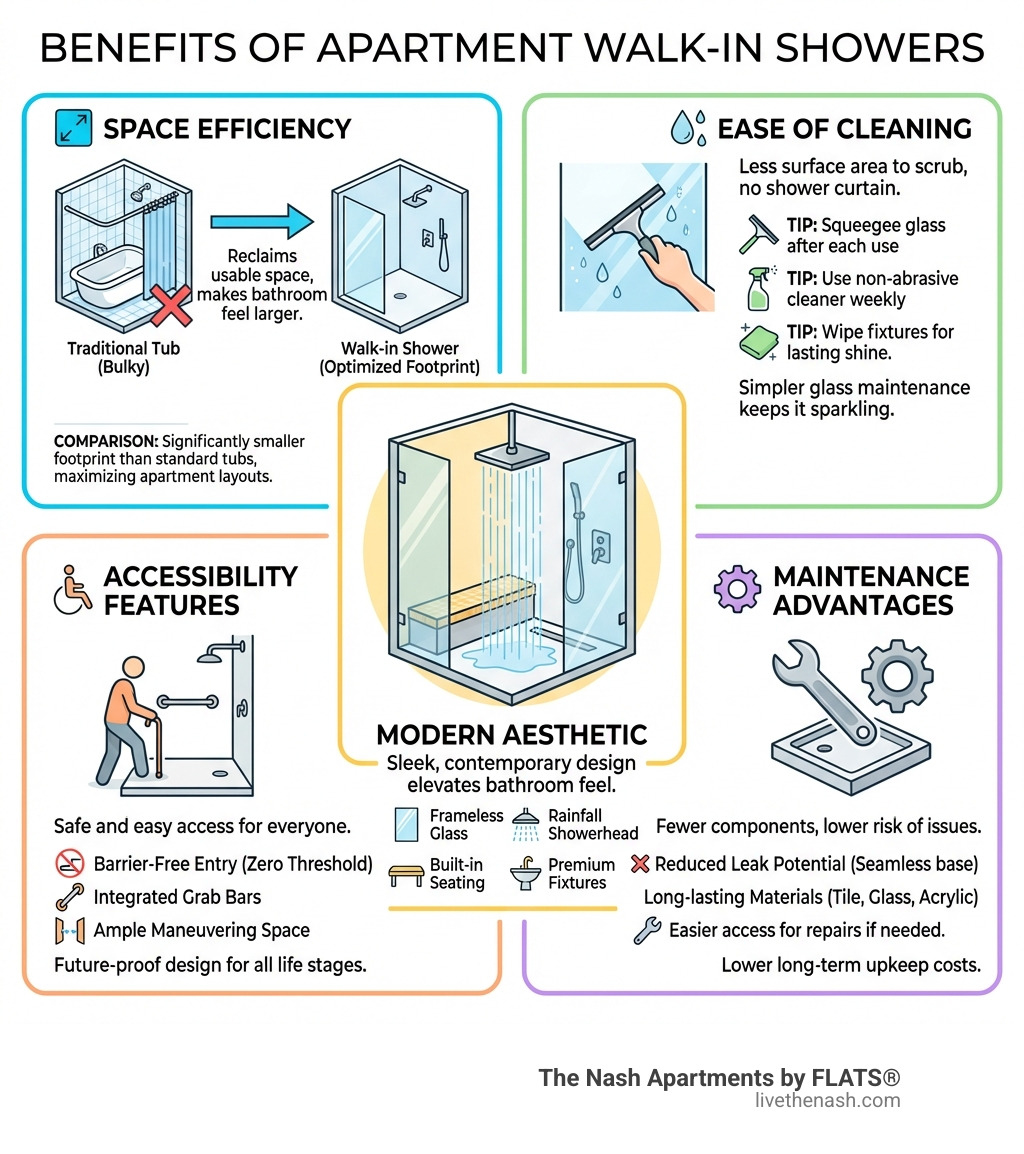 Infographic showing the benefits of walk-in showers including space efficiency with comparison to traditional tubs, ease of cleaning with glass maintenance tips, modern aesthetic features like frameless glass and rainfall heads, accessibility features including grab bars and barrier-free entry, and maintenance advantages - apartments with walk in showers infographic 