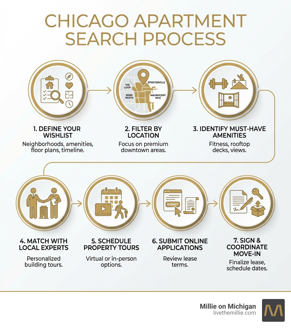 Infographic showing the apartment search process in Chicago: 1. Define your wishlist including neighborhood preferences, desired amenities, floor plan requirements, and move-in timeline. 2. Filter by location focusing on The Loop, Streeterville, River North, or Magnificent Mile. 3. Identify must-have amenities such as fitness centers, rooftop decks, river or lake views. 4. Match with local rental experts who provide personalized building tours. 5. Schedule virtual or in-person property tours. 6. Submit online applications and review lease terms. 7. Sign your lease and coordinate move-in dates. - apartment complexes in chicago il infographic 