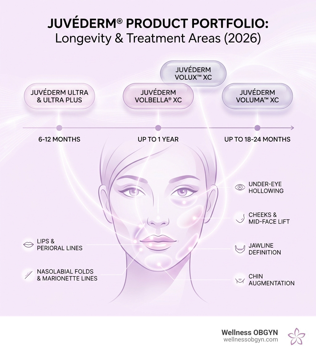Infographic comparing Juvederm product longevity and areas - juvederm injection technique infographic 