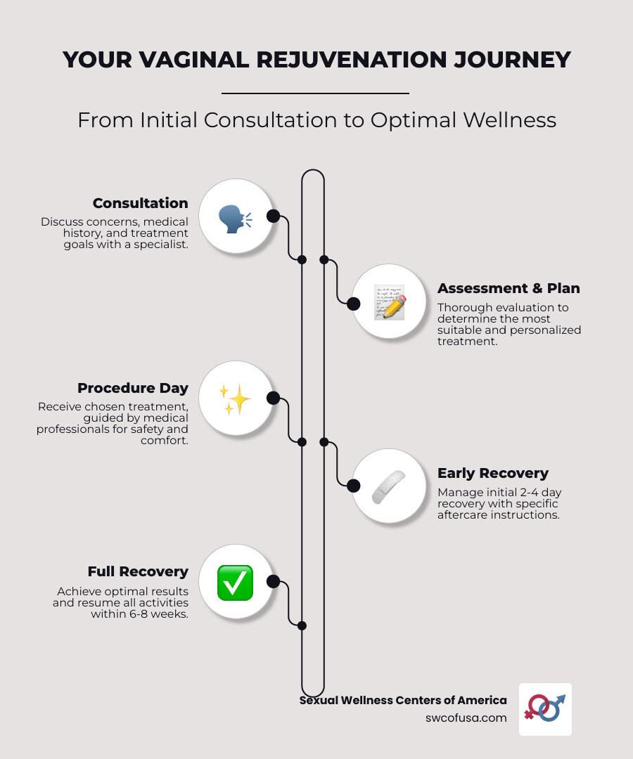 Infographic showing the vaginal rejuvenation journey from initial consultation through assessment, treatment selection, procedure, and recovery timeline with key milestones at consultation, treatment day, 2-4 days post-treatment, and 6-8 weeks for full recovery - who needs vaginal rejuvenation infographic infographic-line-5-steps-elegant_beige Infographic showing the vaginal rejuvenation journey from initial consultation through assessment, treatment selection, procedure, and recovery timeline with key milestones at consultation, treatment day, 2-4 days post-treatment, and 6-8 weeks for full recovery - who needs vaginal rejuvenation infographic infographic-line-5-steps-elegant_beige