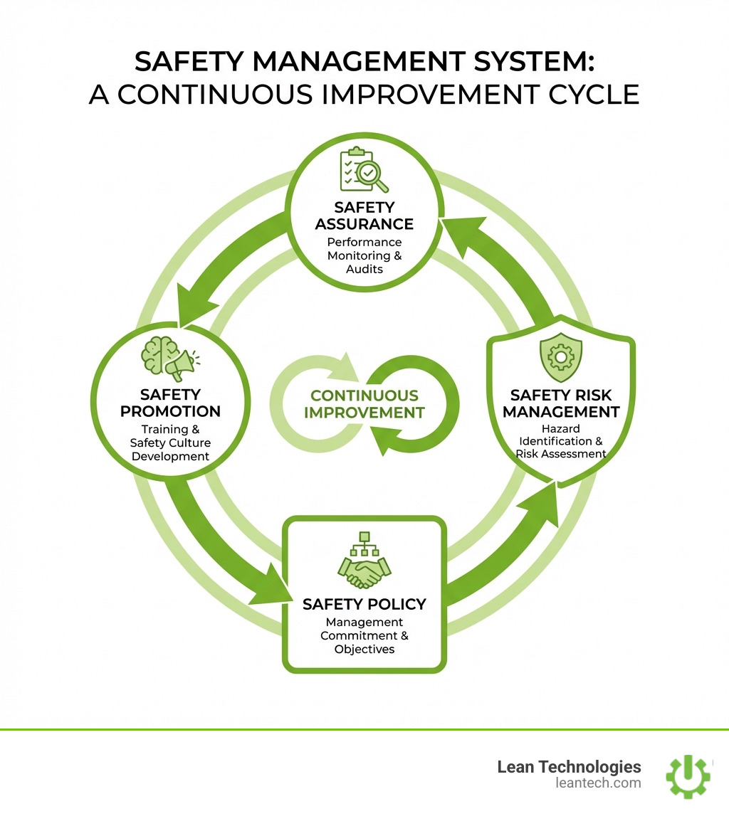 Infographic showing the four core components of a safety management system: Safety Policy at the foundation with management commitment and objectives; Safety Risk Management including hazard identification and risk assessment; Safety Assurance with performance monitoring and audits; and Safety Promotion featuring training and safety culture development, all connected in a continuous improvement cycle - safety management system infographic 