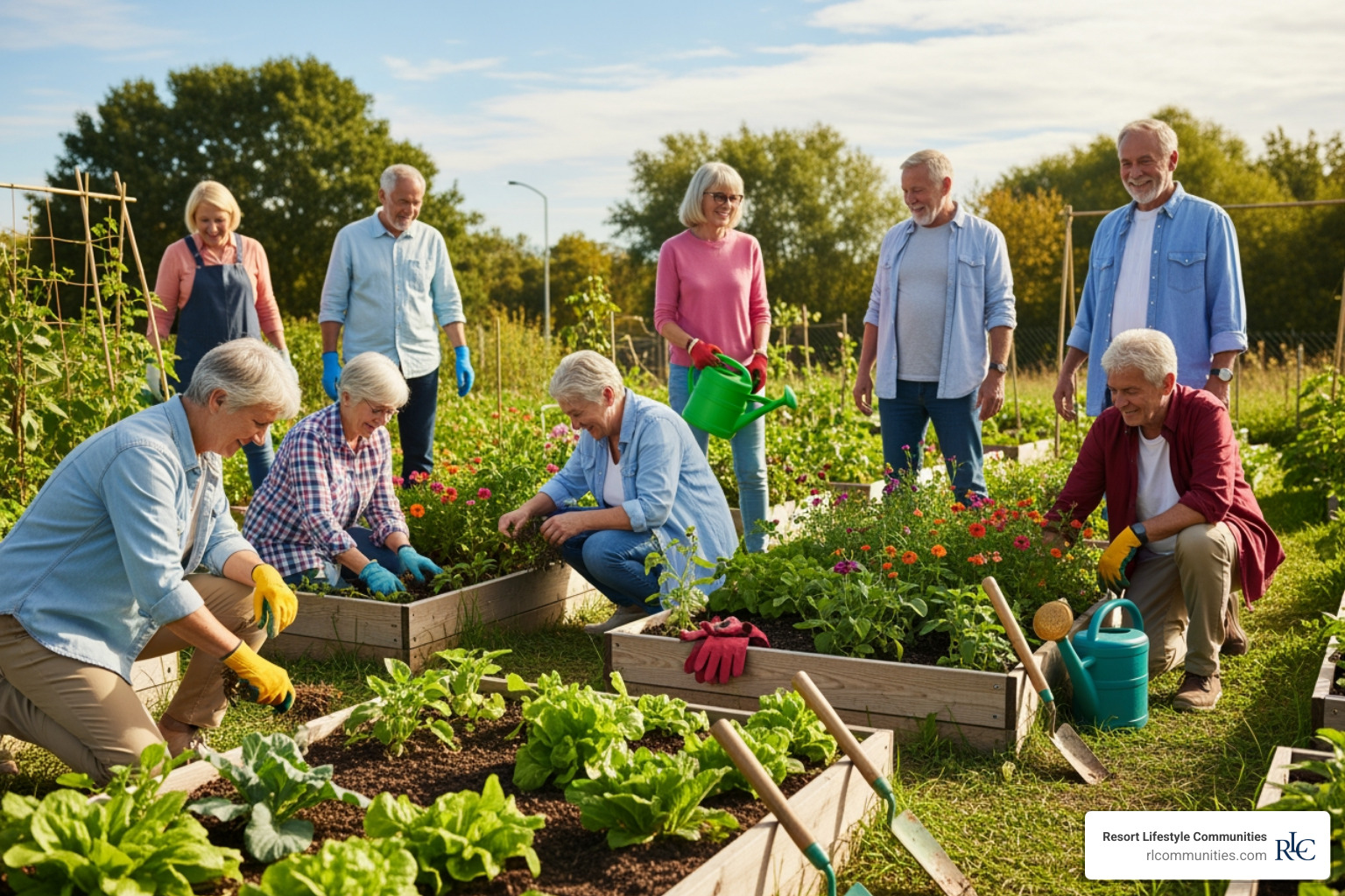 seniors tending a community garden - active senior lifestyle