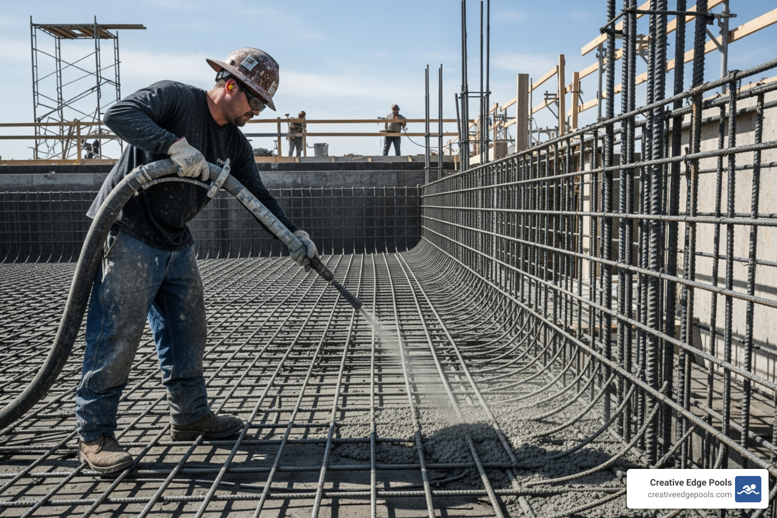 nozzleman spraying gunite into a pool shell - gunite pool construction nozzleman spraying gunite into a pool shell - gunite pool construction