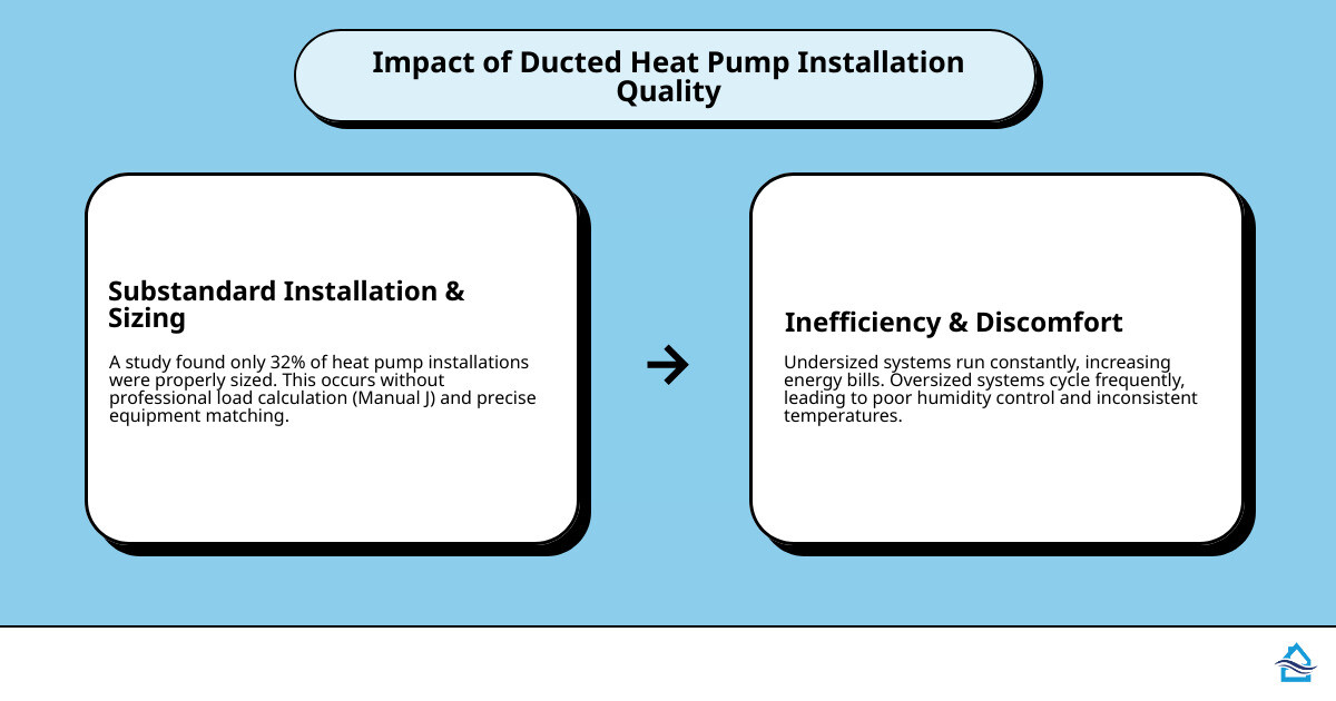 Detailed infographic showing the complete ducted heat pump installation workflow from initial load calculation through Manual J assessment, equipment placement showing outdoor condenser unit and indoor air handler connected by refrigerant lines, ductwork sealing with mastic application, electrical service upgrade to 200 amps, vacuum testing with nitrogen purging, and final commissioning steps with thermostat calibration - ducted heat pump installation infographic cause_effect_text