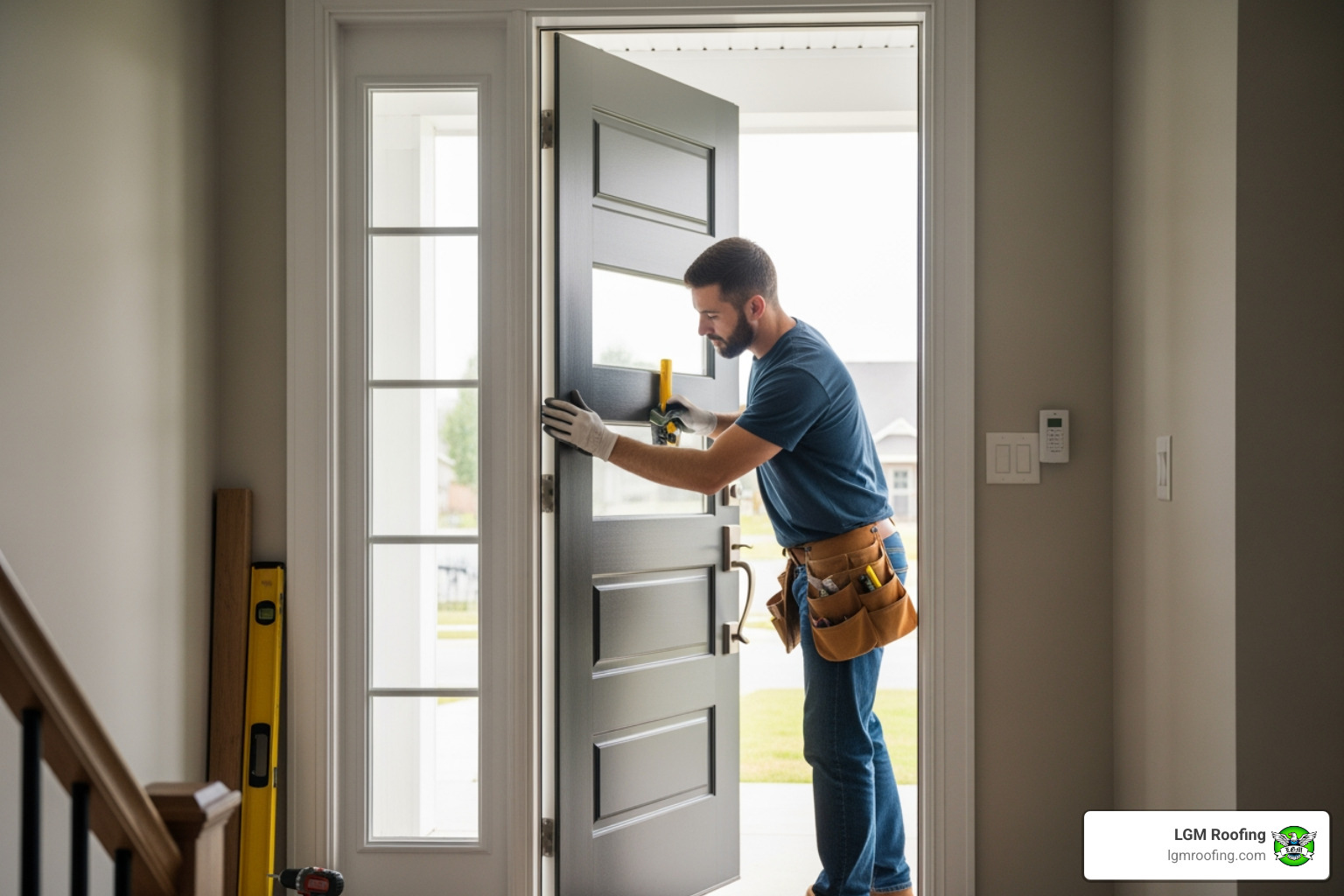 infographic showing the complete door installation process from consultation through measurement, removal of old door, frame preparation, new door installation, weatherproofing, hardware installation, and final inspection with typical 3-4 hour timeline for standard installations - door installation near me in montclair, nj Professional installer adjusting a modern entry door in a home, showcasing expertise in door installation services by LGM Roofing in Montclair, NJ.