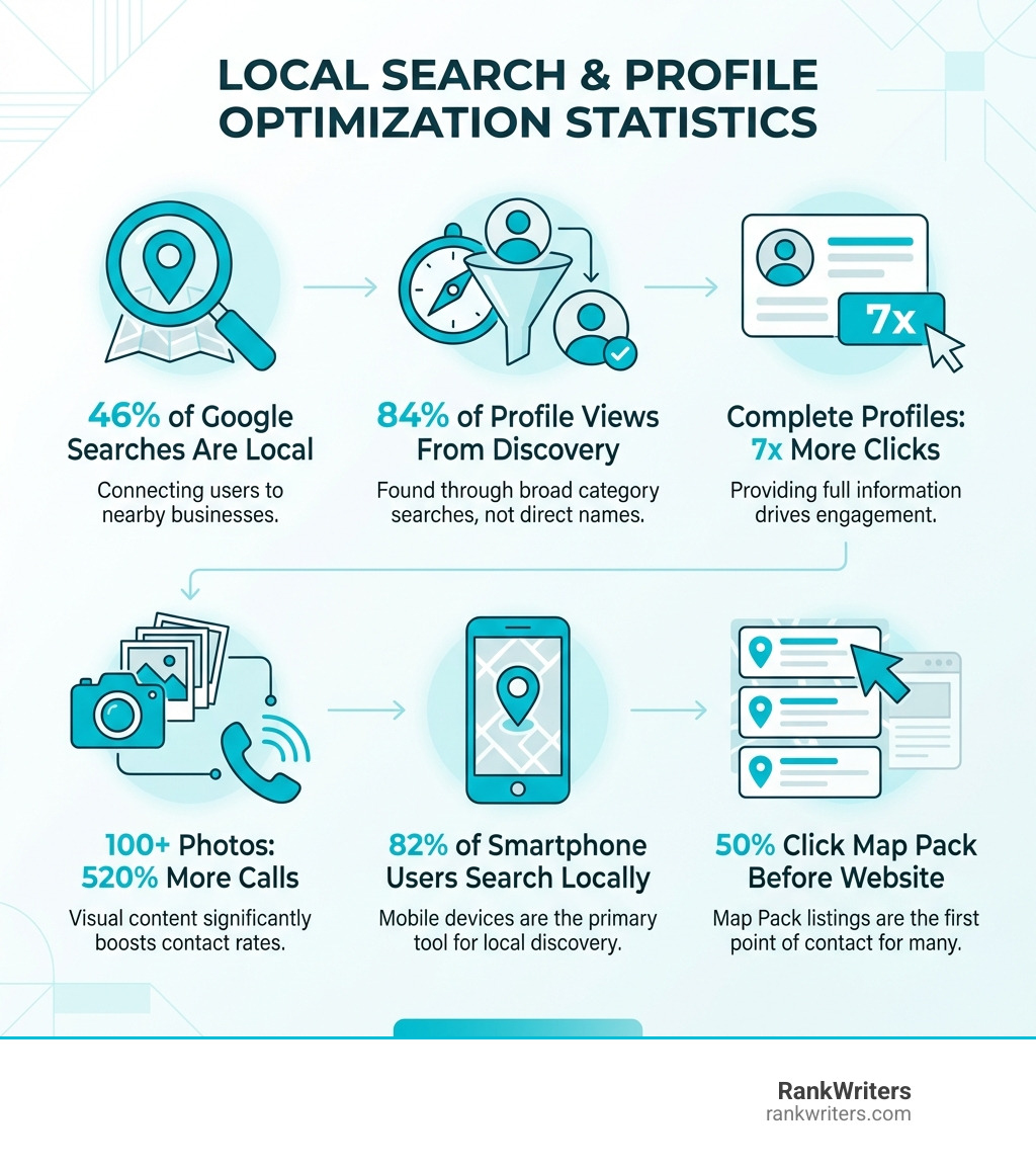 infographic showing local search statistics: 46% of Google searches are local, 84% of profile views come from discovery searches, businesses with complete profiles get 7x more clicks, profiles with 100+ photos get 520% more calls, 82% of smartphone users conduct local searches, and 50% of local searchers click Map Pack listings before visiting websites - Google My Business optimization infographic 