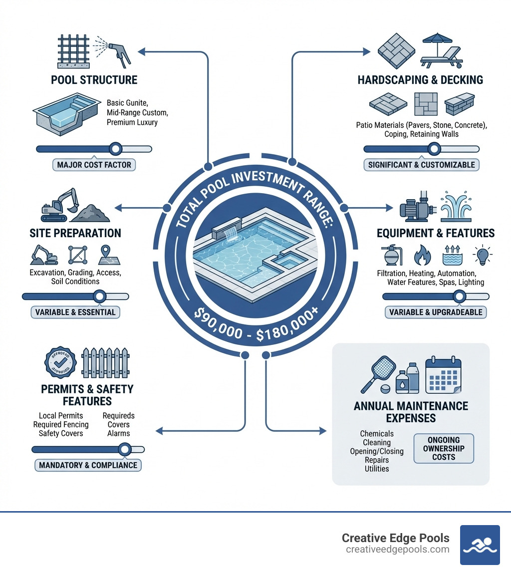 infographic showing the complete breakdown of pool installation costs including pool structure, site preparation, permits and safety features, hardscaping and decking, equipment and features, and annual maintenance expenses - Cost of pool installation infographic infographic showing the complete breakdown of pool installation costs including pool structure, site preparation, permits and safety features, hardscaping and decking, equipment and features, and annual maintenance expenses - Cost of pool installation infographic