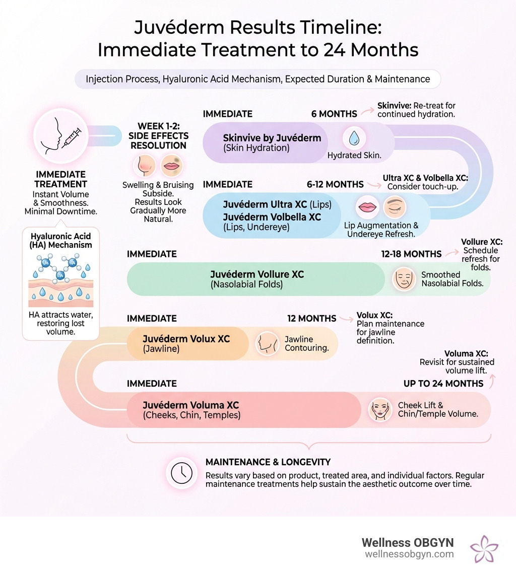 Timeline showing Juvéderm results from immediate treatment through 24 months, including injection process, hyaluronic acid mechanism, expected duration by product type (Voluma XC, Volux XC, Vollure XC, Ultra XC, Volbella XC, Skinvive), common side effects resolution timeline, and maintenance treatment recommendations - juvederm results infographic Timeline showing Juvéderm results from immediate treatment through 24 months, including injection process, hyaluronic acid mechanism, expected duration by product type (Voluma XC, Volux XC, Vollure XC, Ultra XC, Volbella XC, Skinvive), common side effects resolution timeline, and maintenance treatment recommendations - juvederm results infographic