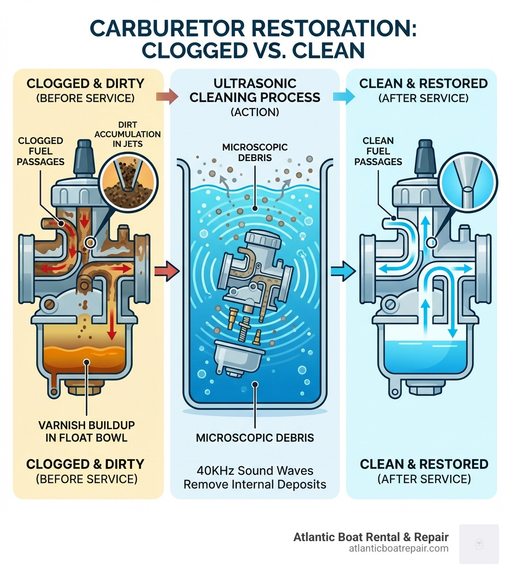 infographic showing cross-section of carburetor with clogged vs clean fuel passages, dirt accumulation in jets, varnish buildup in float bowl, and ultrasonic cleaning process removing microscopic debris from internal galleries - carburetor cleaning service infographic 